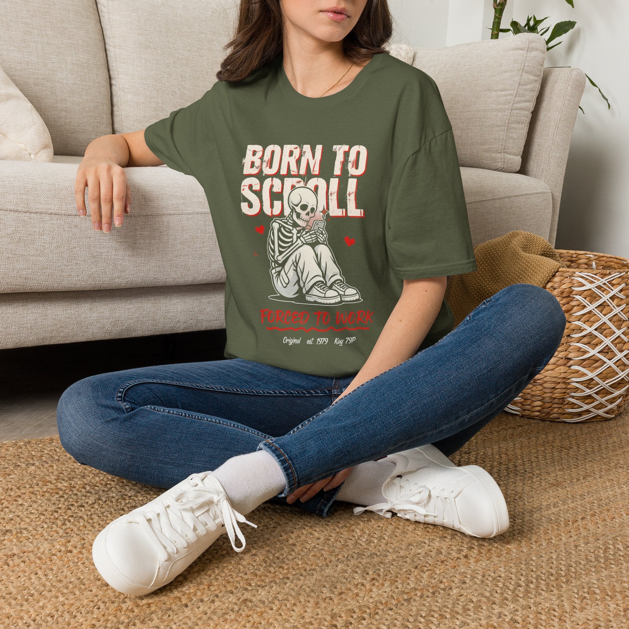Born to Scroll T-Shirt — Cute Skeleton "Born to Scroll, Forced to Work" Graphic Tee