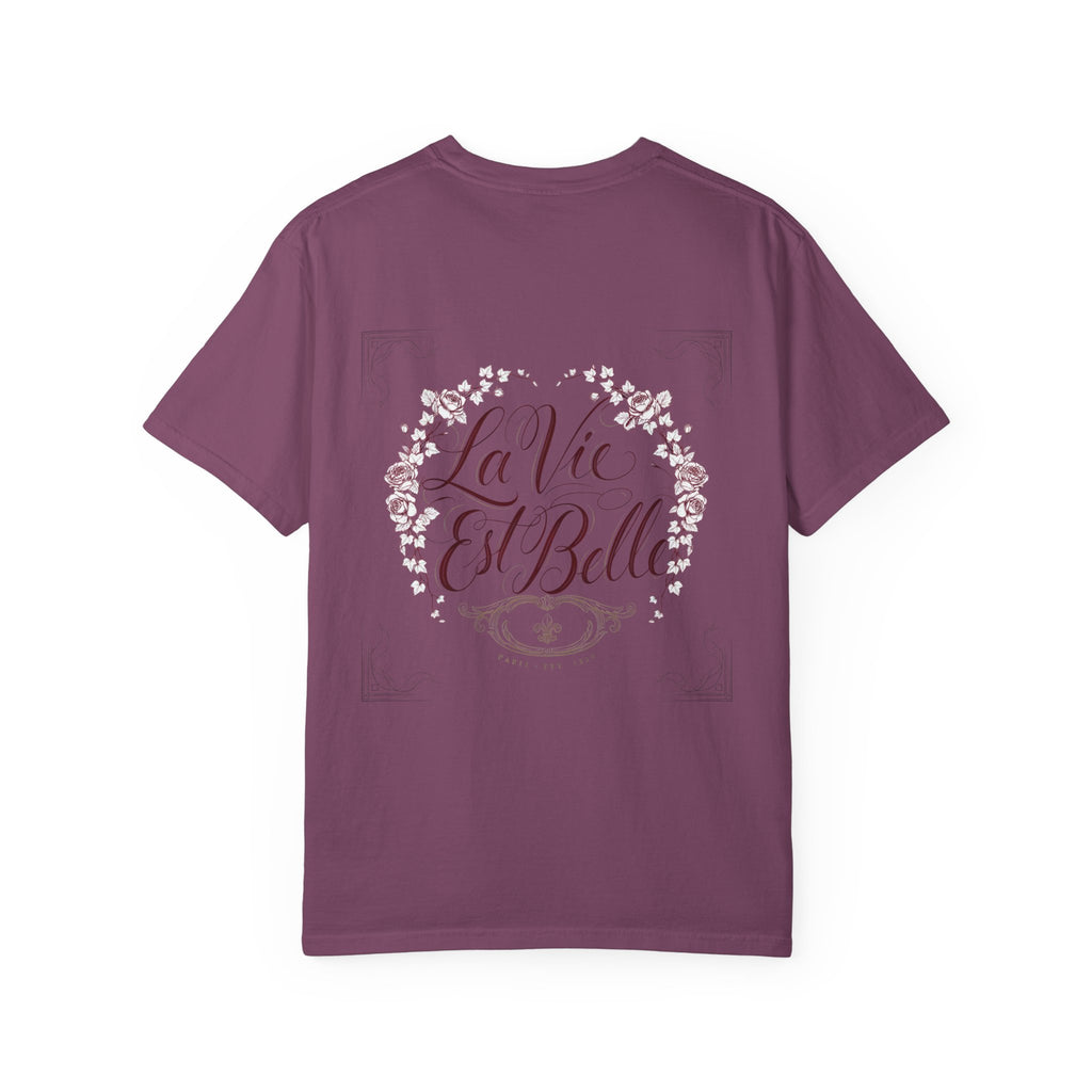 La Vie Est Belle Graphic T-Shirt — Feminine Portrait & Floral Back Print