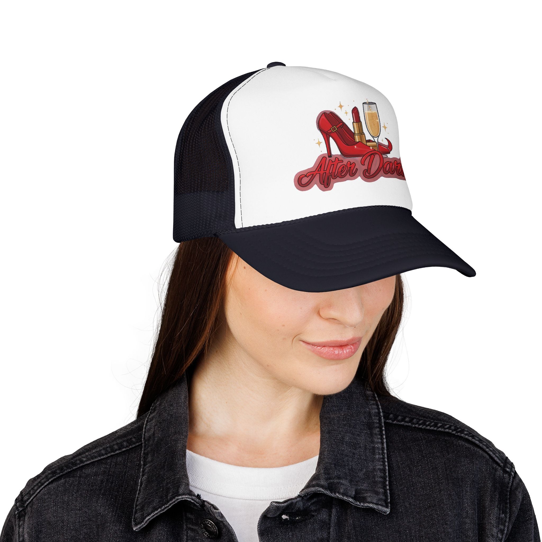 After Dark Trucker Hat — Red Heels & Champagne Foam Cap