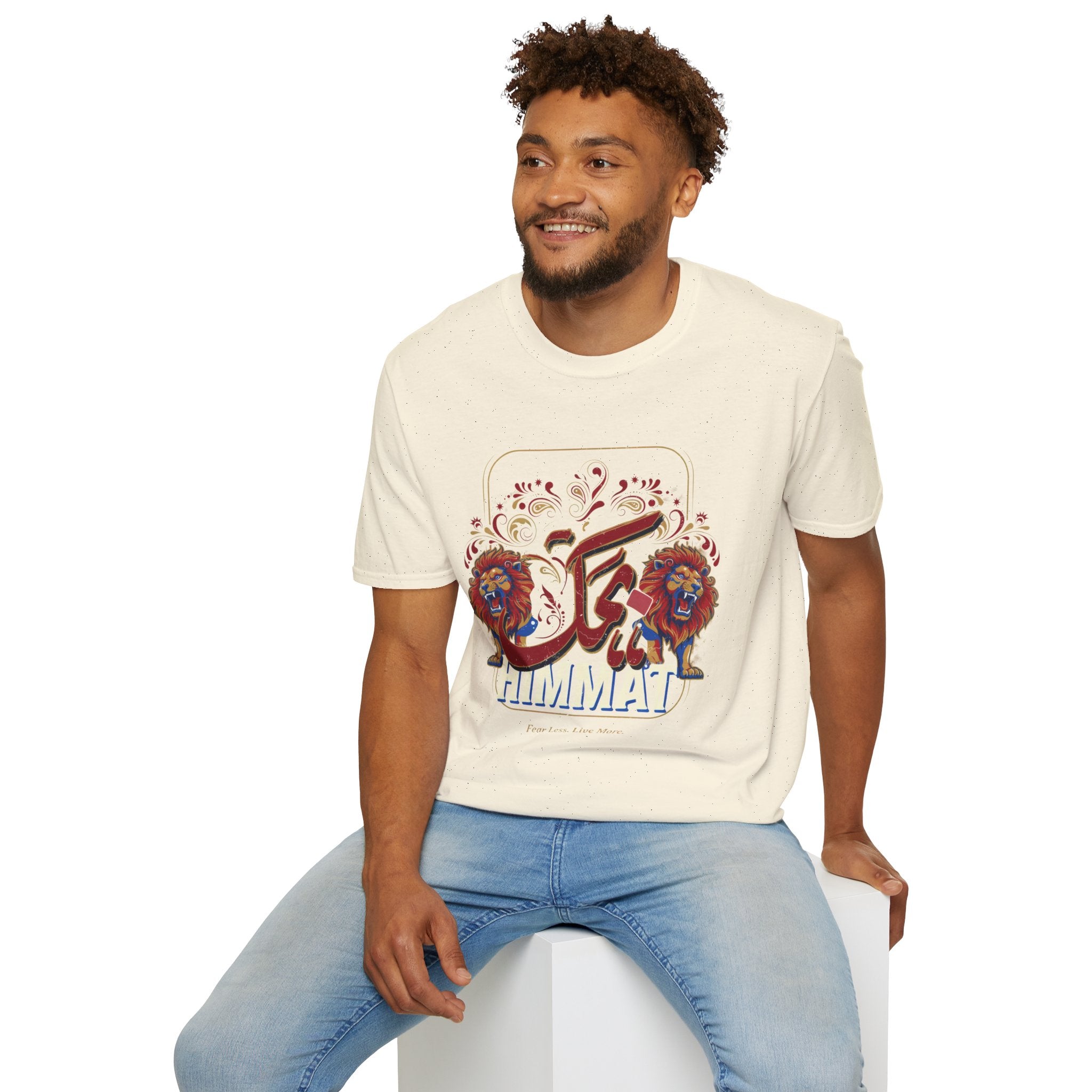 Arabic Calligraphy T-Shirt — 'Himmat' Lion Floral Graphic Tee