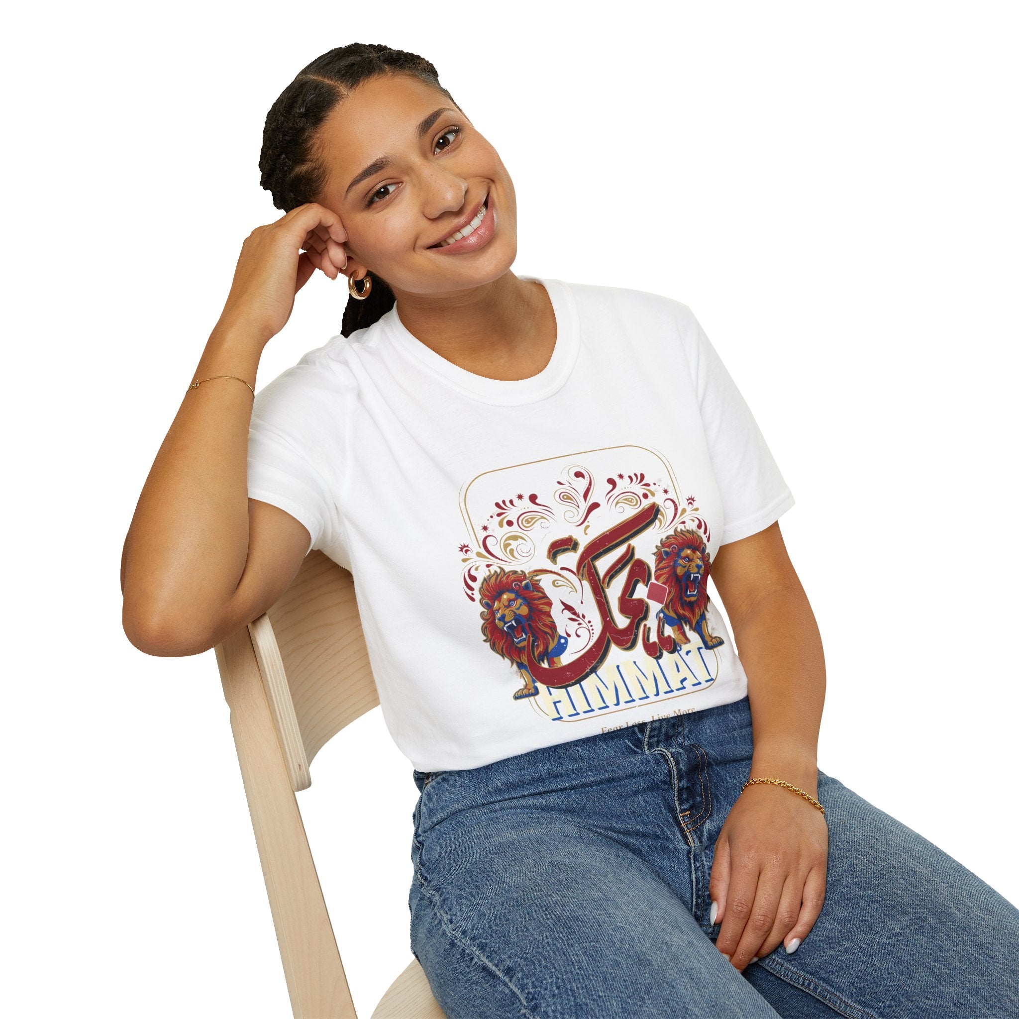Arabic Calligraphy T-Shirt — 'Himmat' Lion Floral Graphic Tee