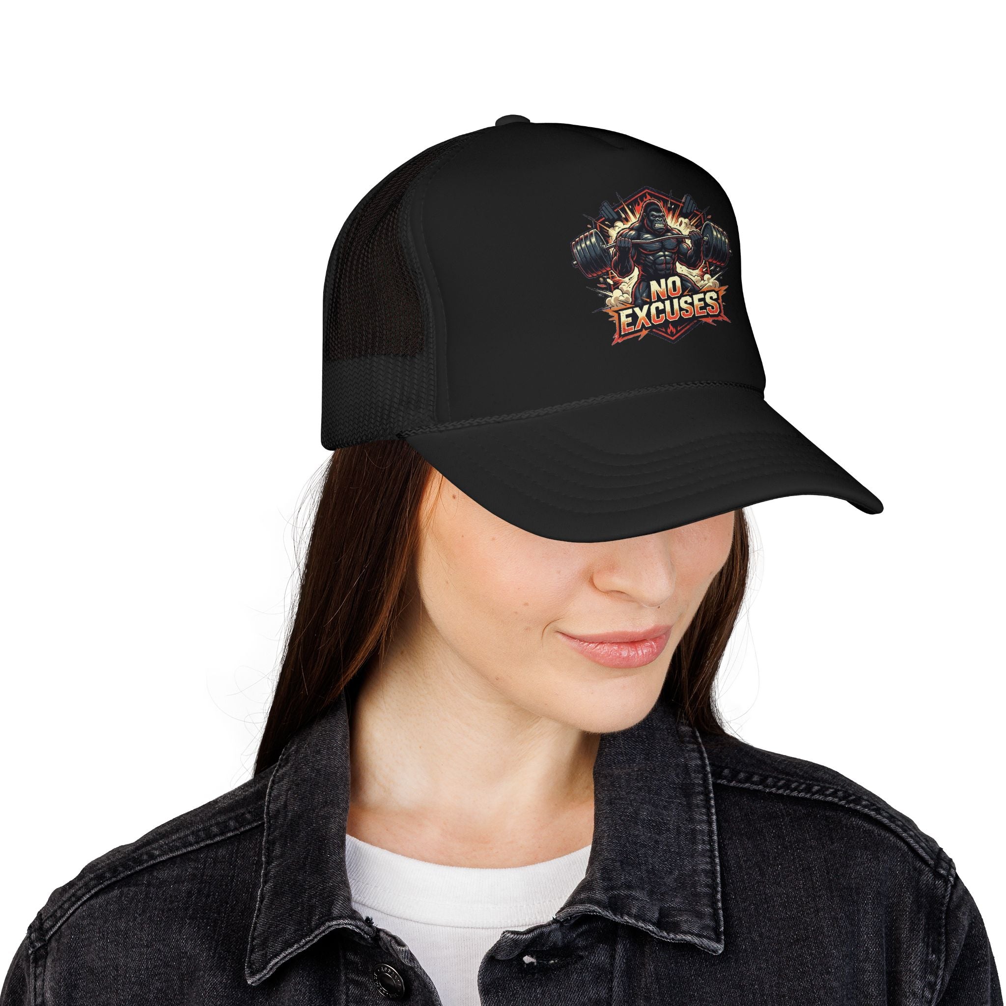 Trucker Hat — 'No Excuses' Gym Skull Design