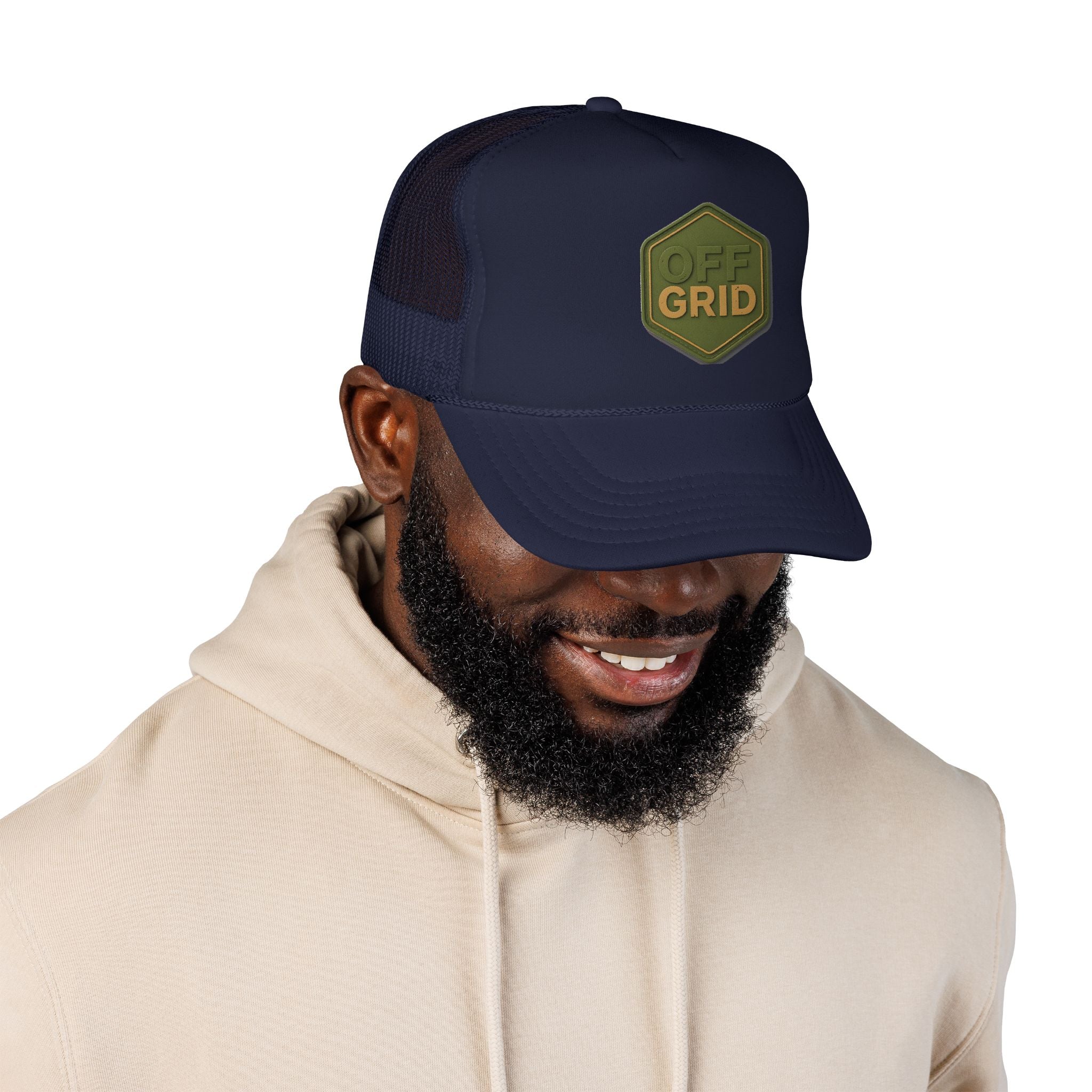 Off Grid Patch Trucker Hat — Military Green Adventure Cap