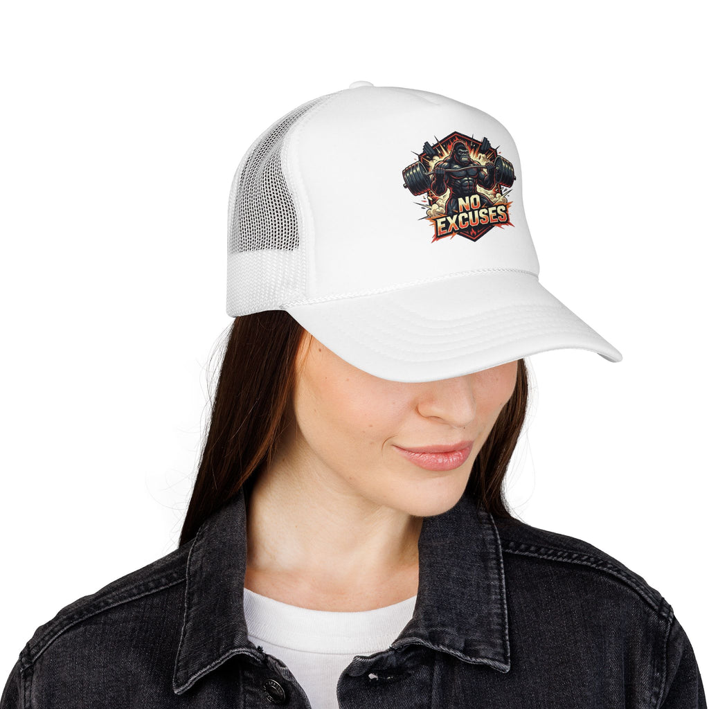 Trucker Hat — 'No Excuses' Gym Skull Design
