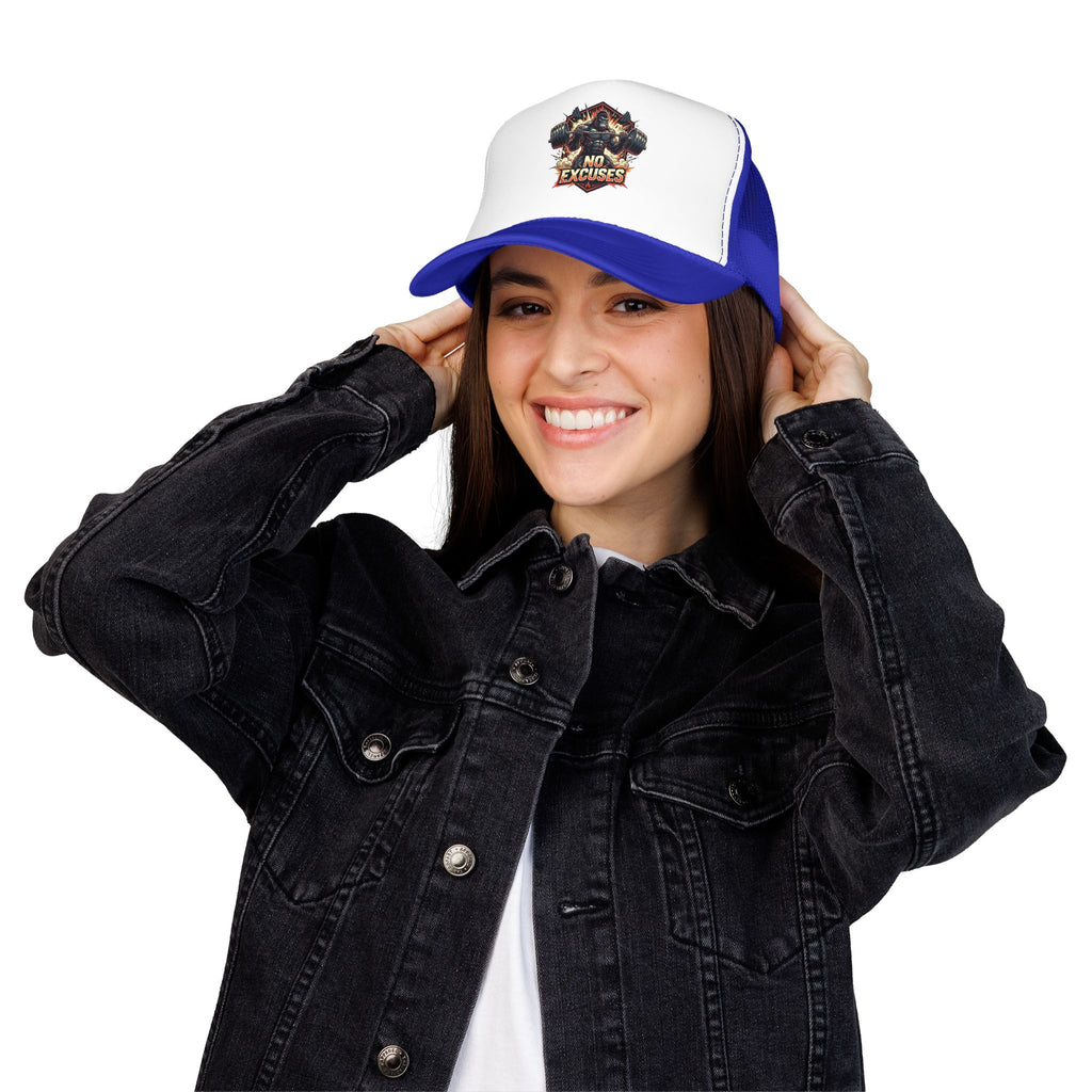 Trucker Hat — 'No Excuses' Gym Skull Design