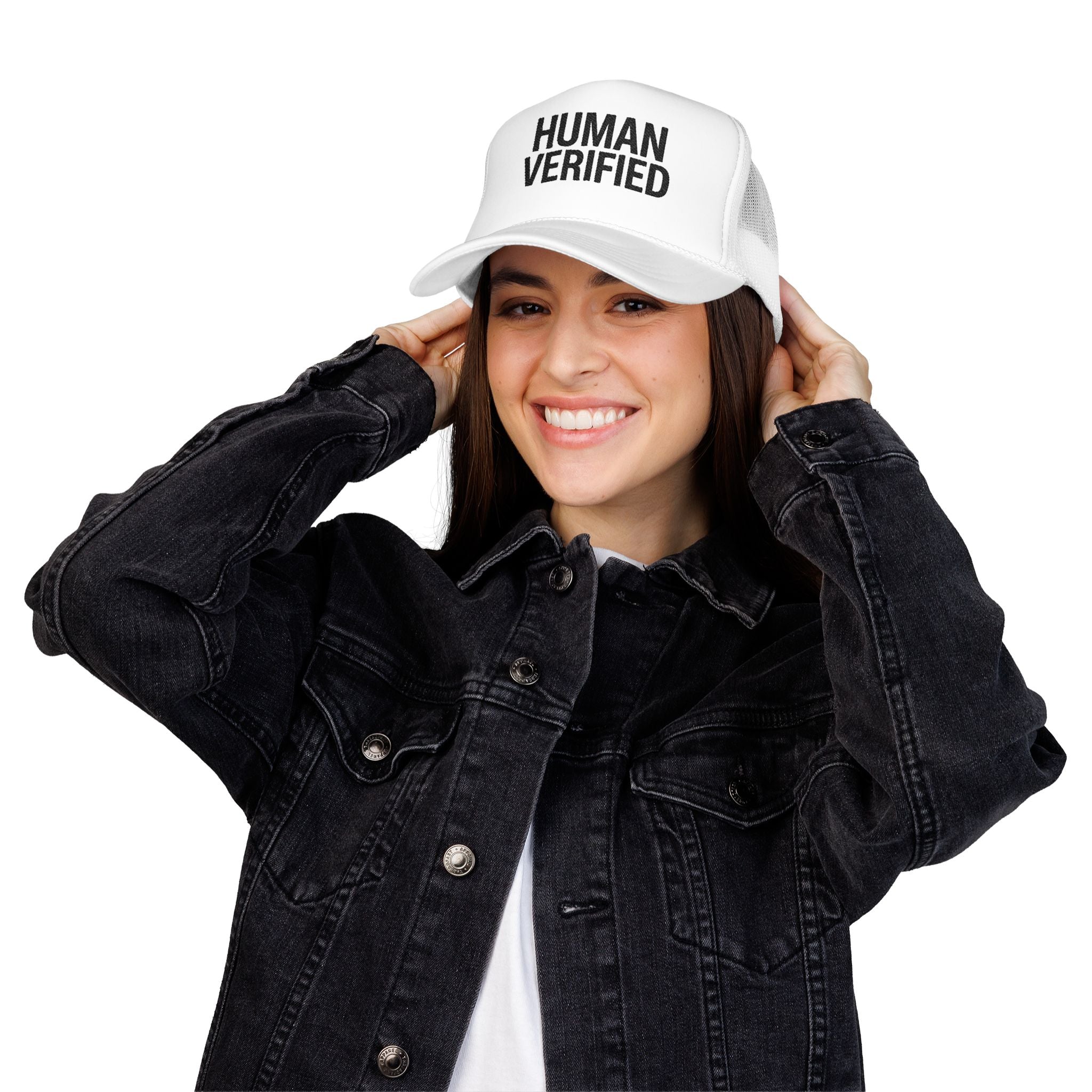 Human Verified Trucker Hat — Distressed Black Mesh Foam Cap
