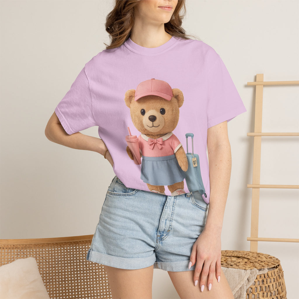 Teddy Traveler T‑Shirt — Cute Bear with Luggage & Cup Graphic