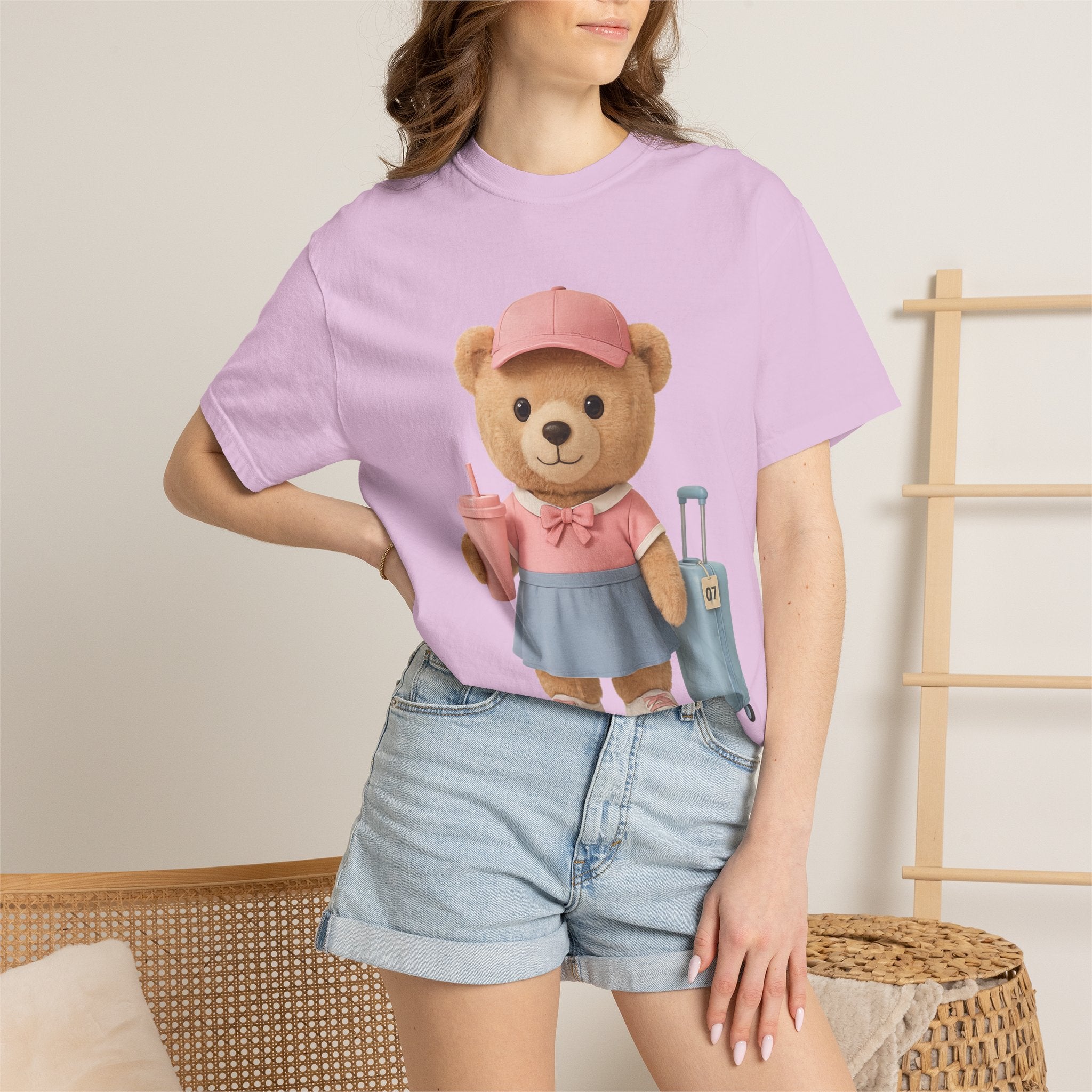 Teddy Traveler T‑Shirt — Cute Bear with Luggage & Cup Graphic