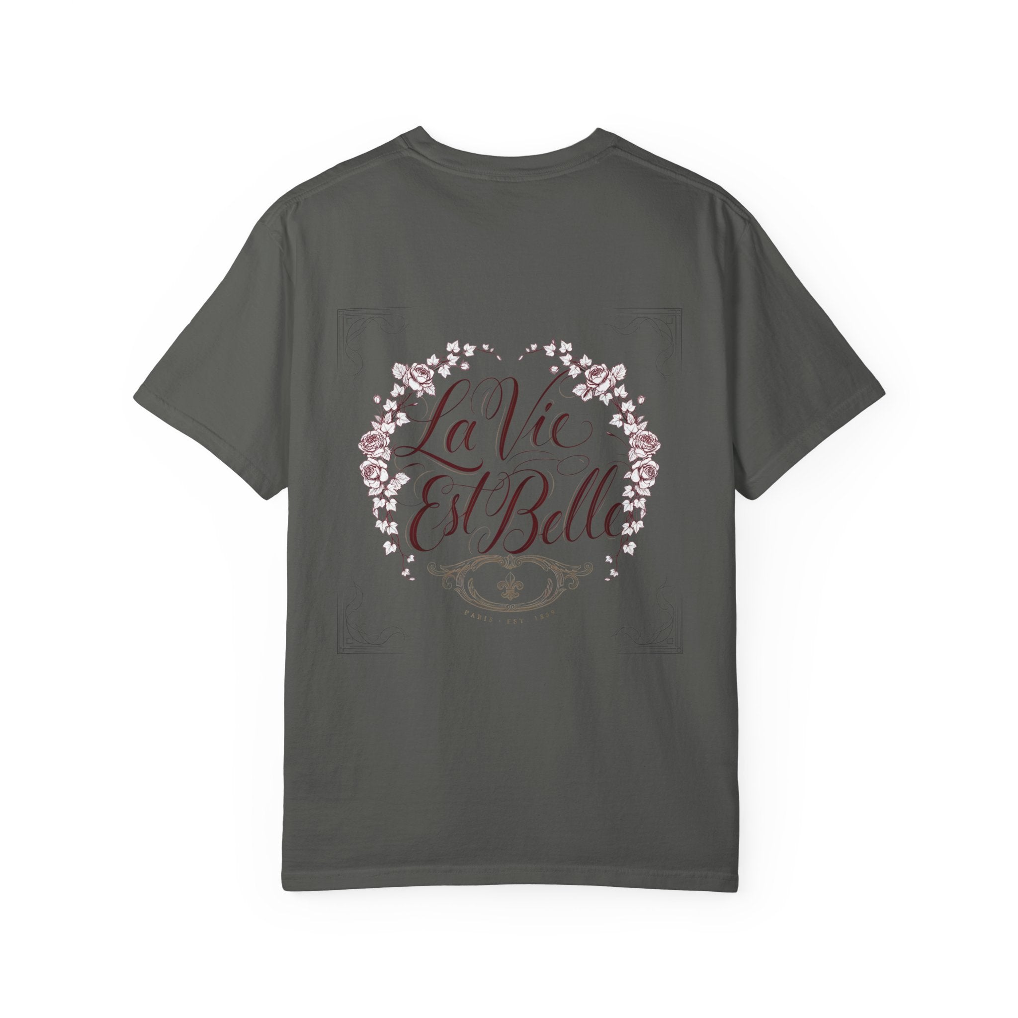 La Vie Est Belle Graphic T-Shirt — Feminine Portrait & Floral Back Print