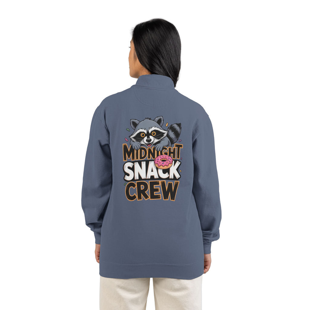 Quarter-Zip Sweatshirt — "Midnight Snack Crew" Raccoon Graphic