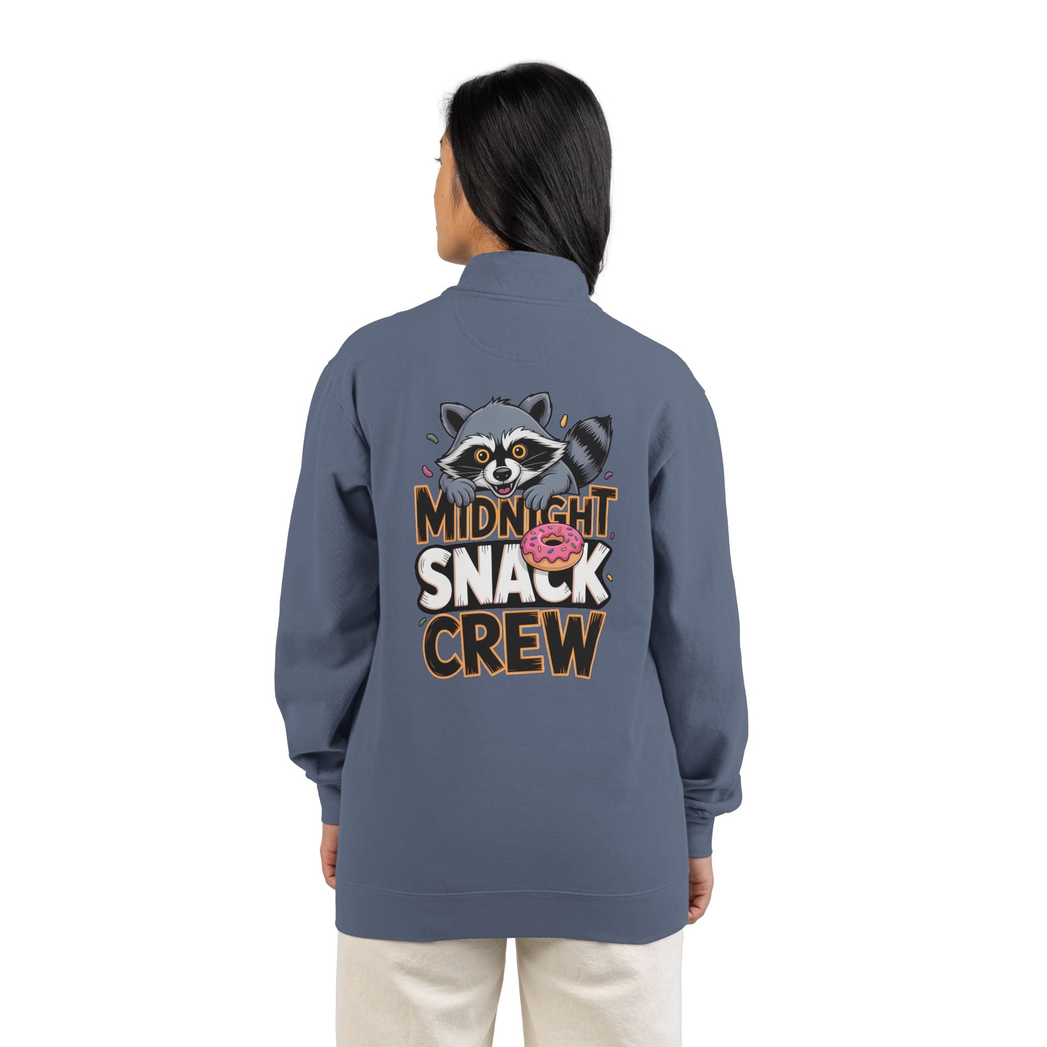 Quarter-Zip Sweatshirt — "Midnight Snack Crew" Raccoon Graphic