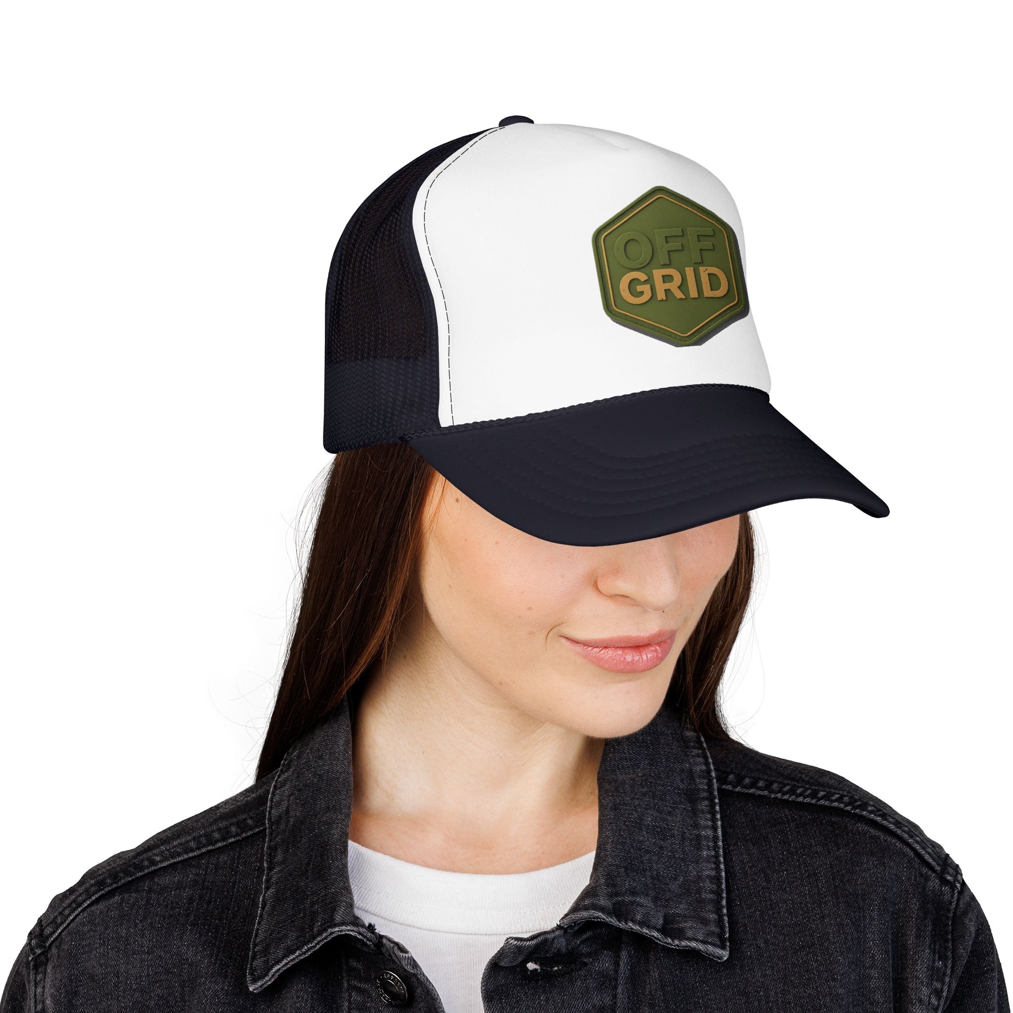Off Grid Patch Trucker Hat — Military Green Adventure Cap