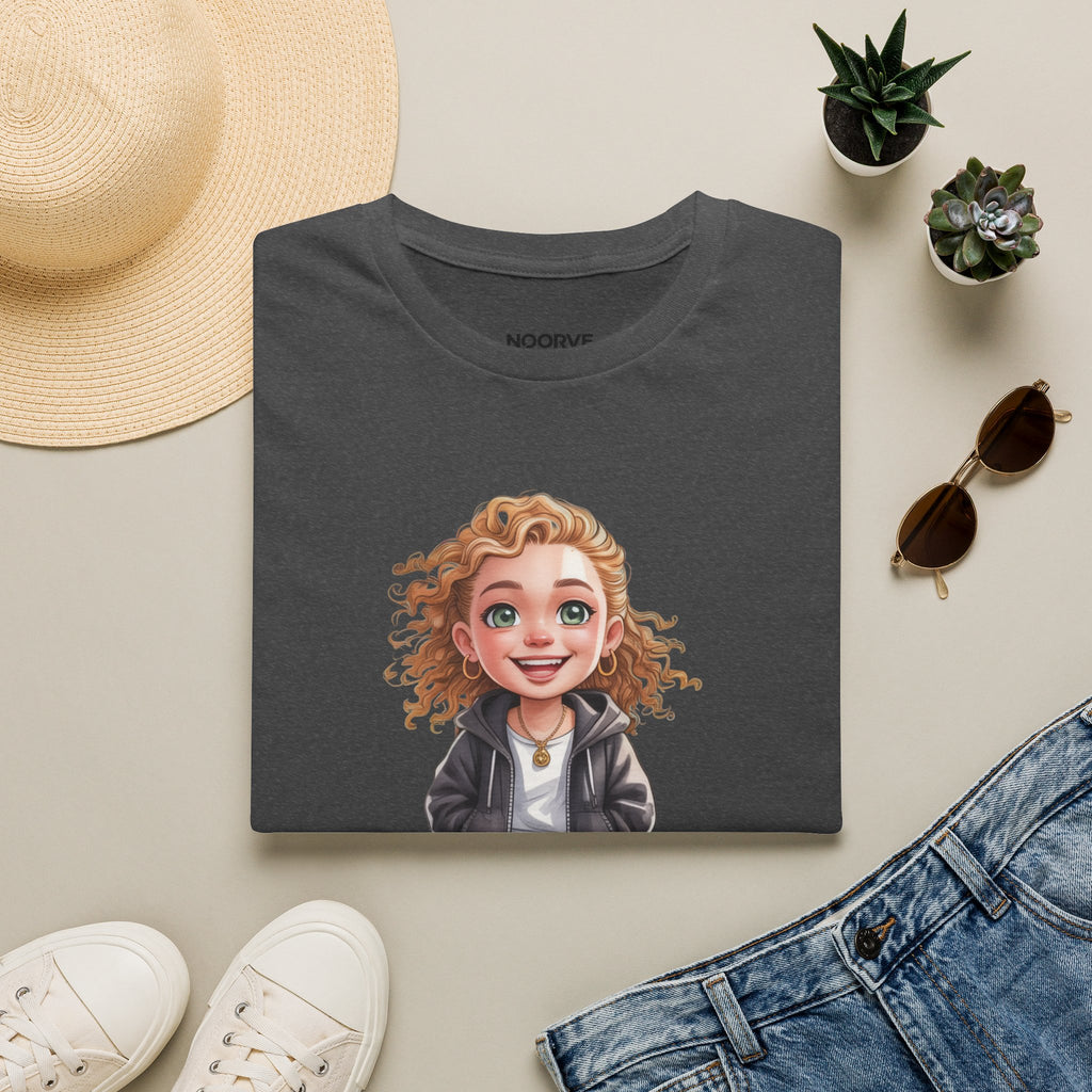 Cute Curly Girl Cartoon T-Shirt — Whimsical Character Tee