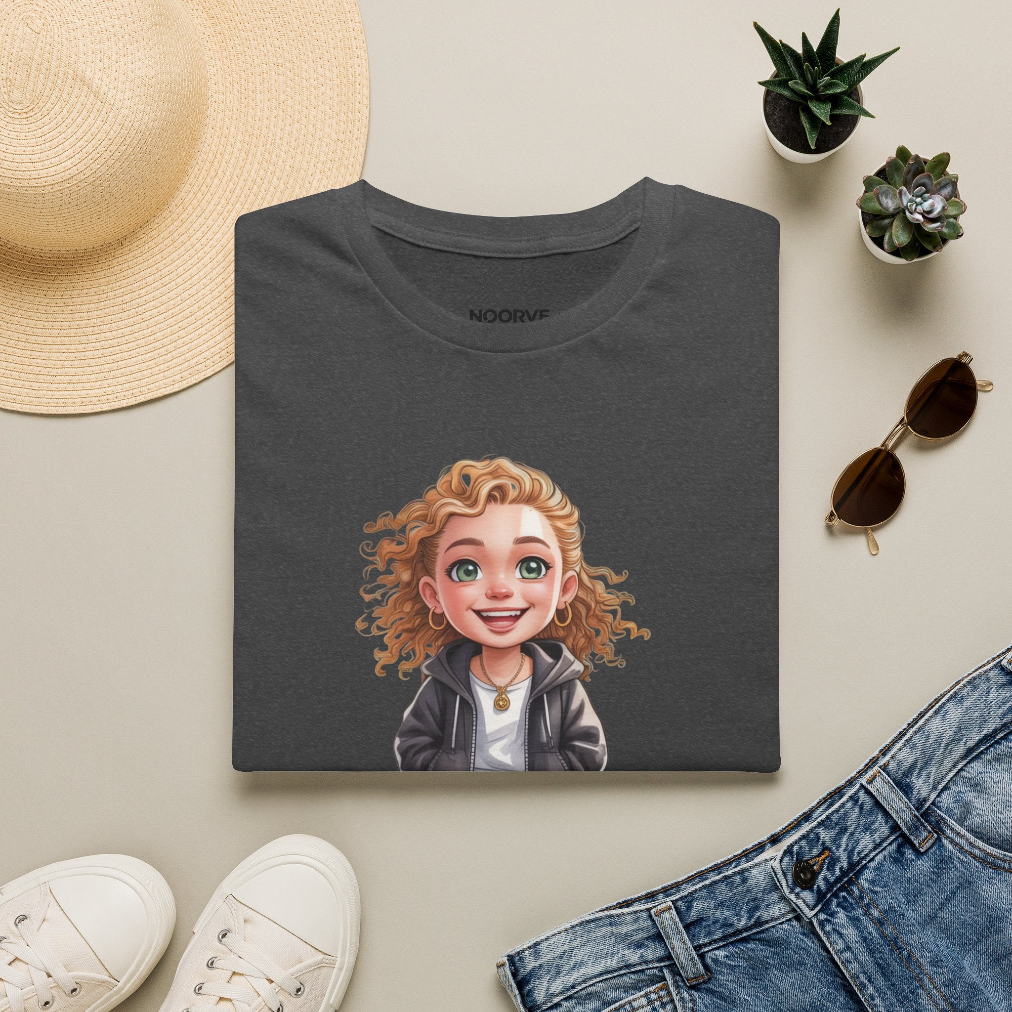 Cute Curly Girl Cartoon T-Shirt — Whimsical Character Tee