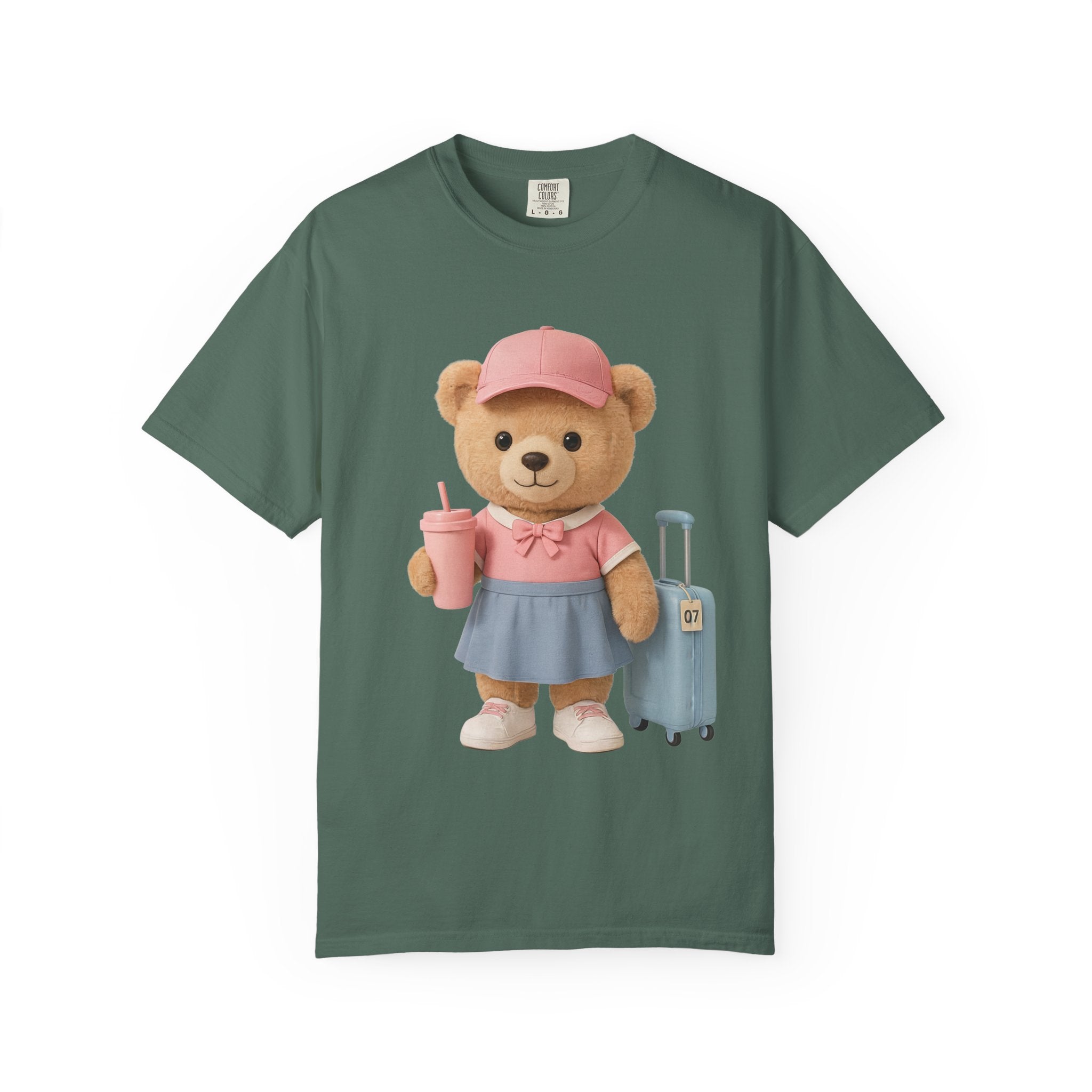 Teddy Traveler T‑Shirt — Cute Bear with Luggage & Cup Graphic