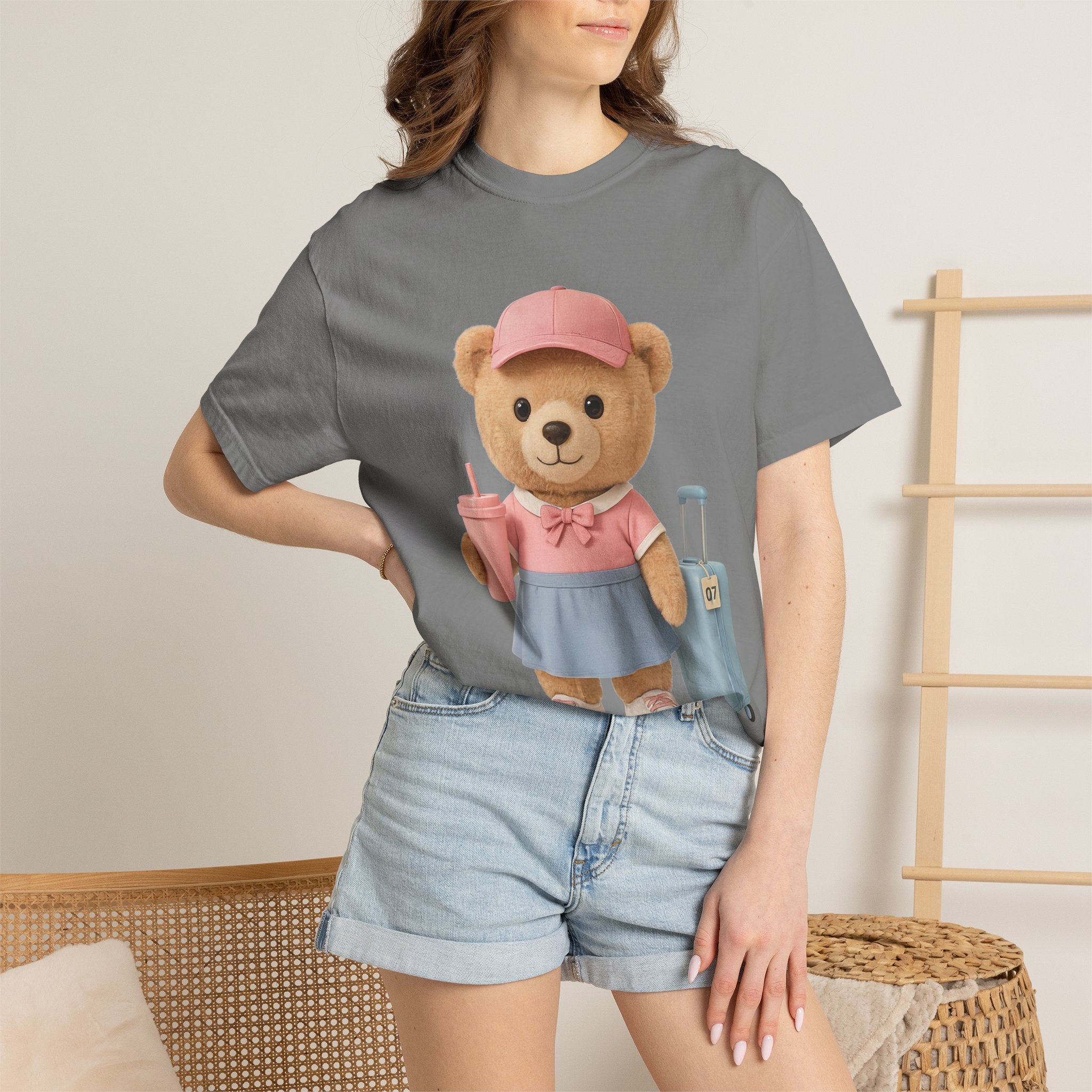Teddy Traveler T‑Shirt — Cute Bear with Luggage & Cup Graphic