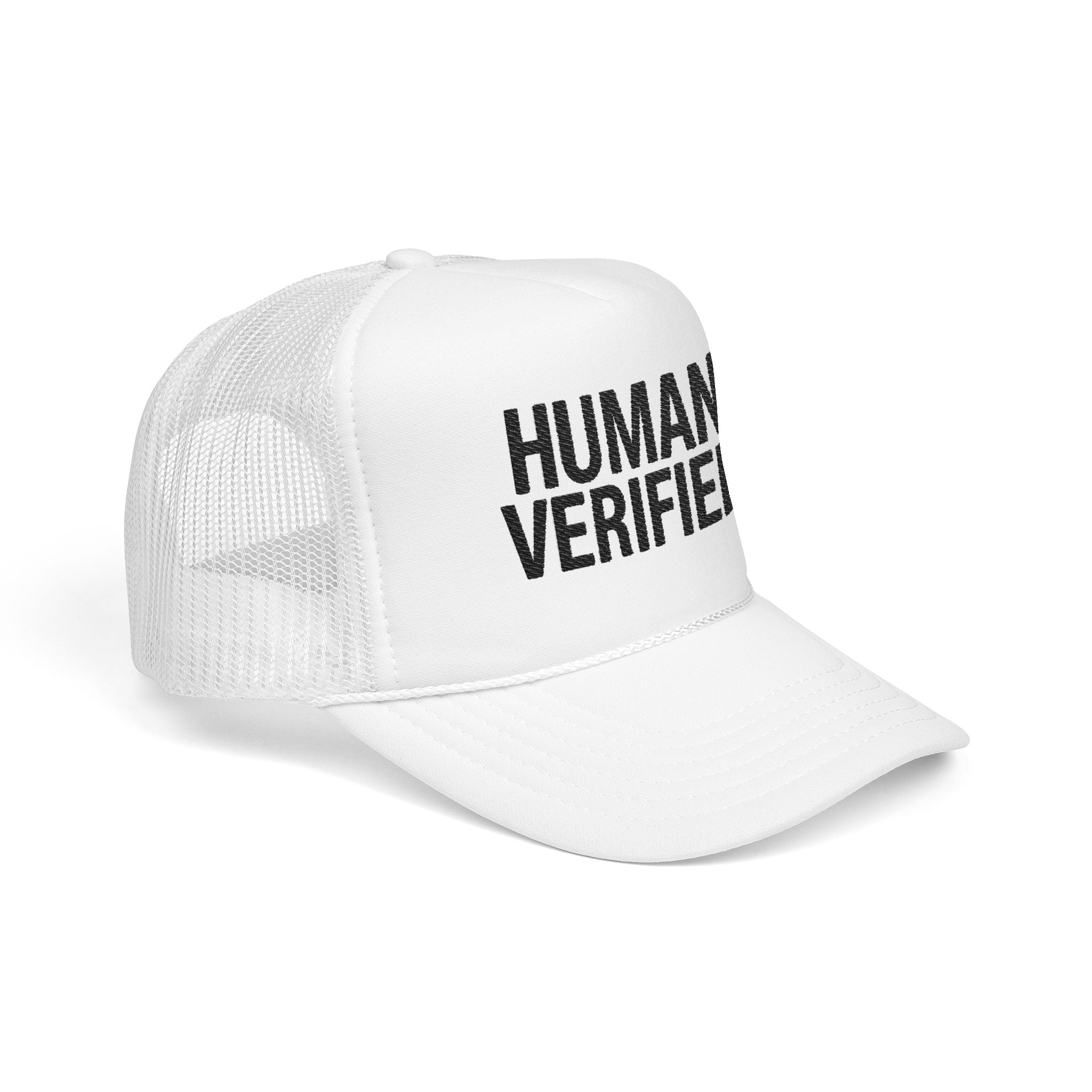 Human Verified Trucker Hat — Distressed Black Mesh Foam Cap