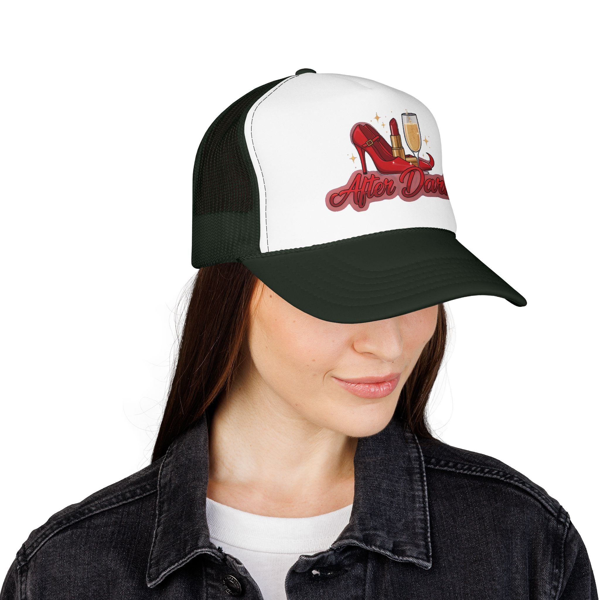 After Dark Trucker Hat — Red Heels & Champagne Foam Cap
