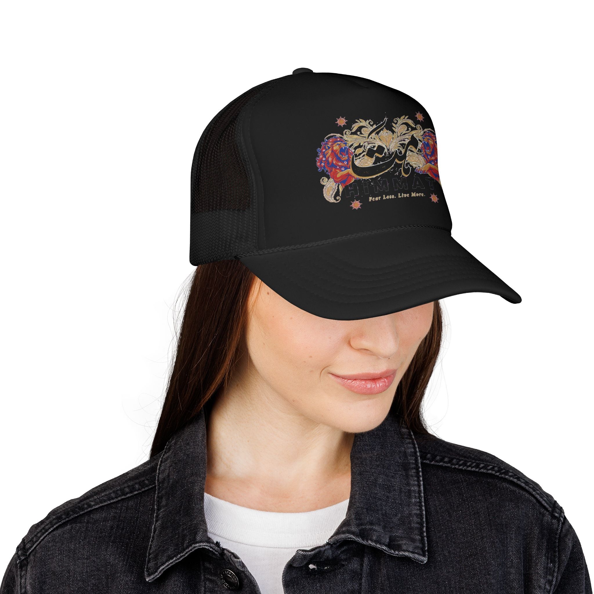 Trucker Hat — Vintage Floral Rose Skull Design (Live Loud, Live More)