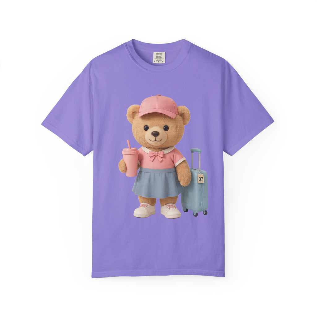 Teddy Traveler T‑Shirt — Cute Bear with Luggage & Cup Graphic
