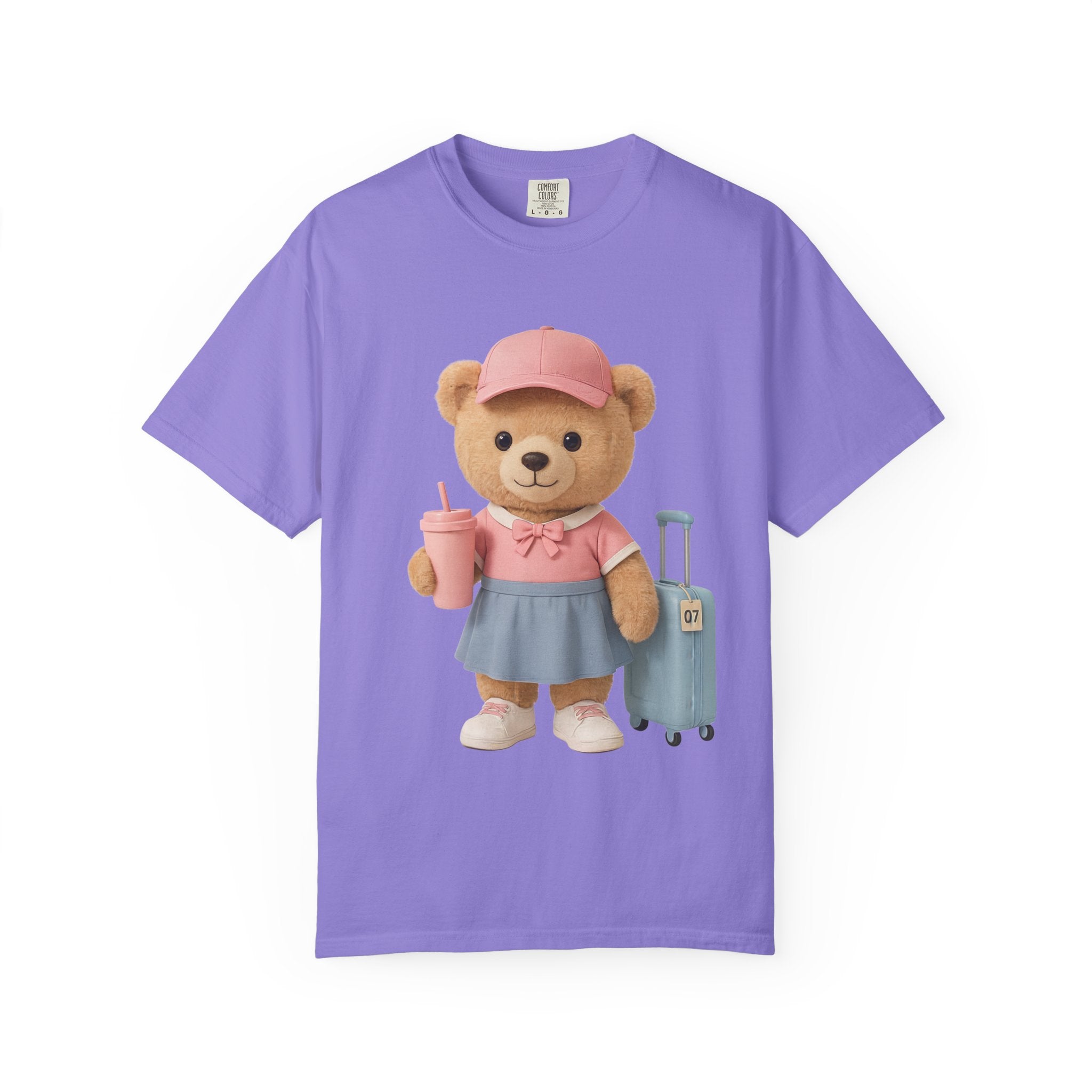 Teddy Traveler T‑Shirt — Cute Bear with Luggage & Cup Graphic