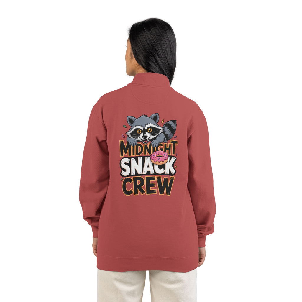Quarter-Zip Sweatshirt — "Midnight Snack Crew" Raccoon Graphic