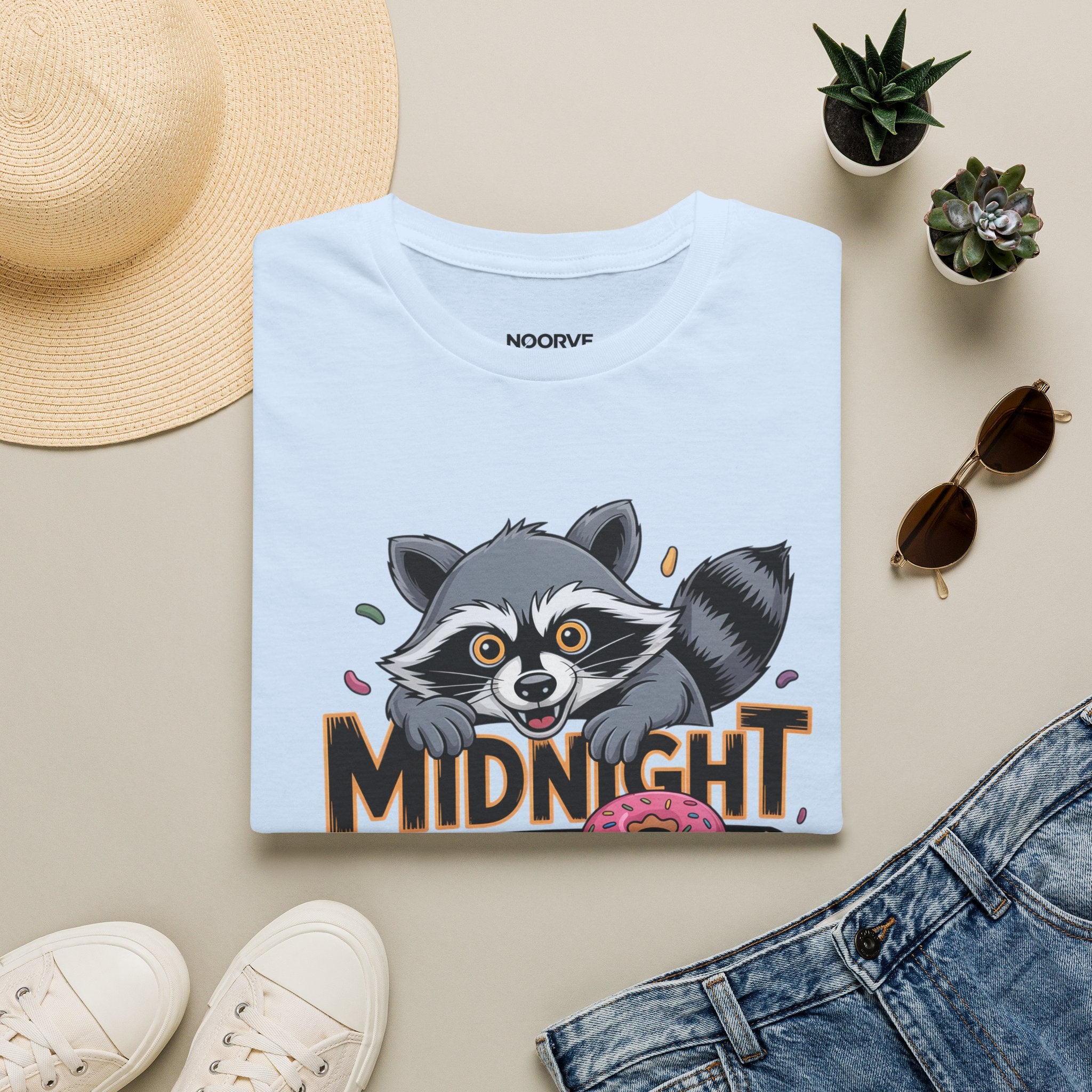 Midnight Snack Crew T-Shirt — Cute Raccoon Donut Tee | Noorve | T-Shirt