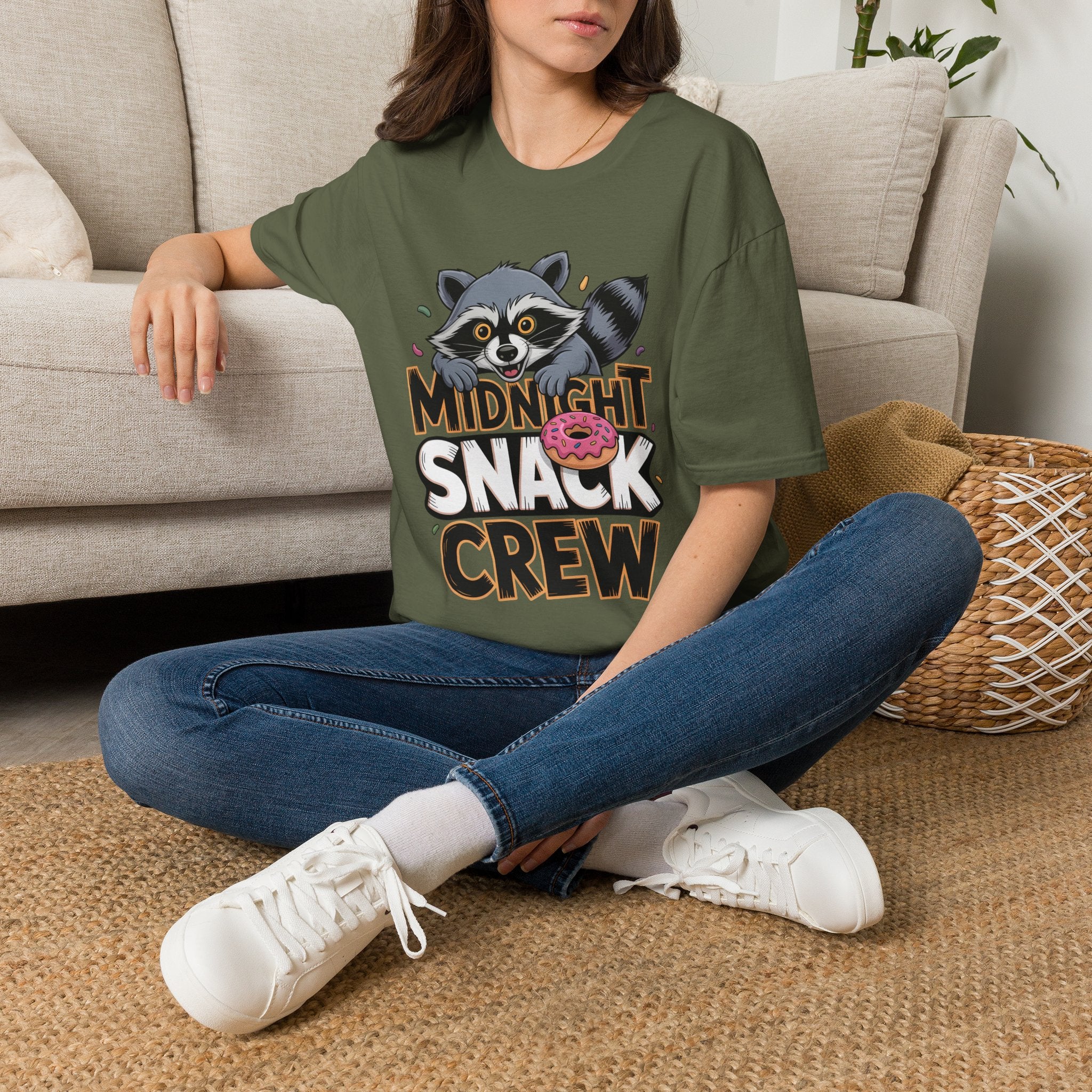 Midnight Snack Crew T-Shirt — Cute Raccoon Donut Tee