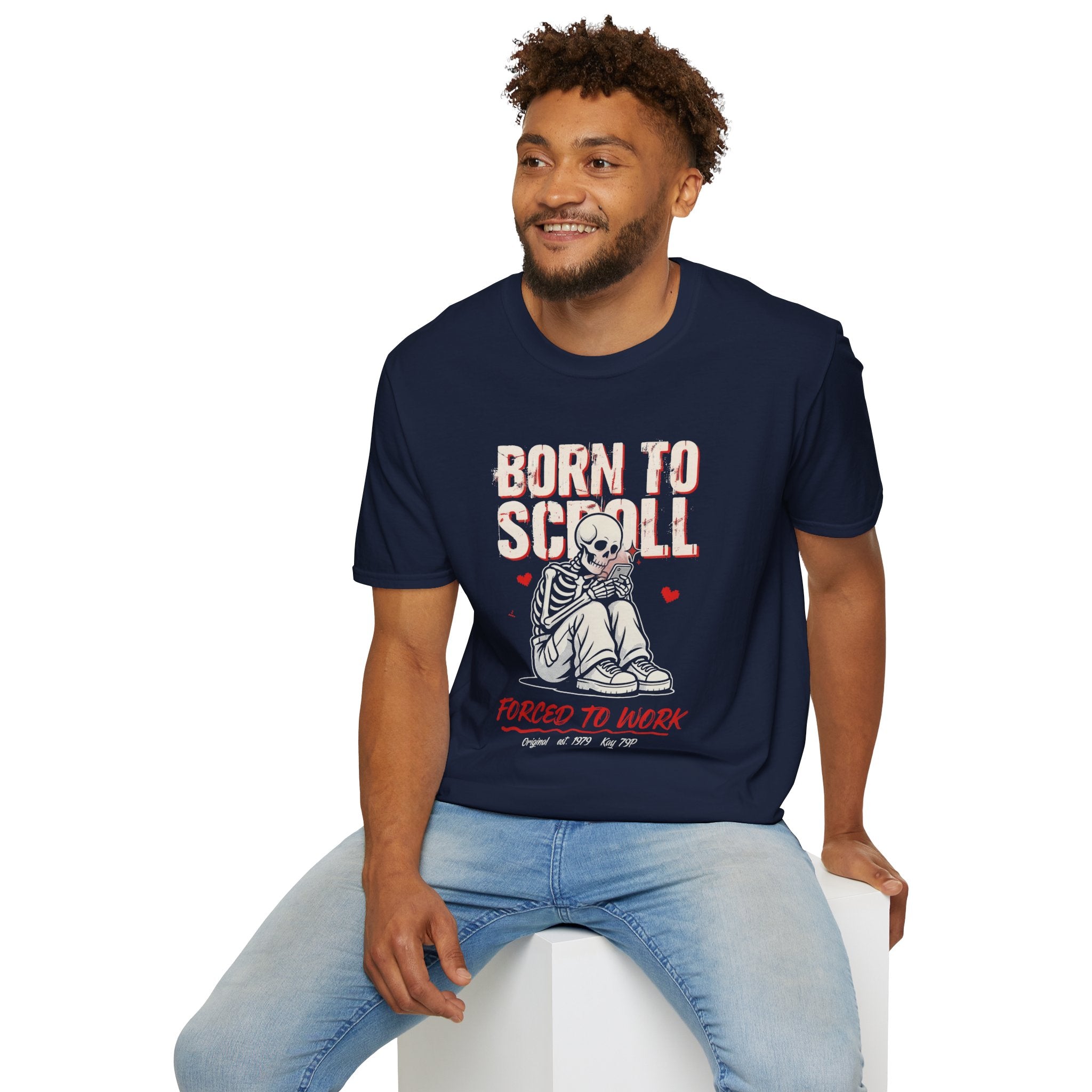 Born to Scroll T-Shirt — Cute Skeleton "Born to Scroll, Forced to Work" Graphic Tee