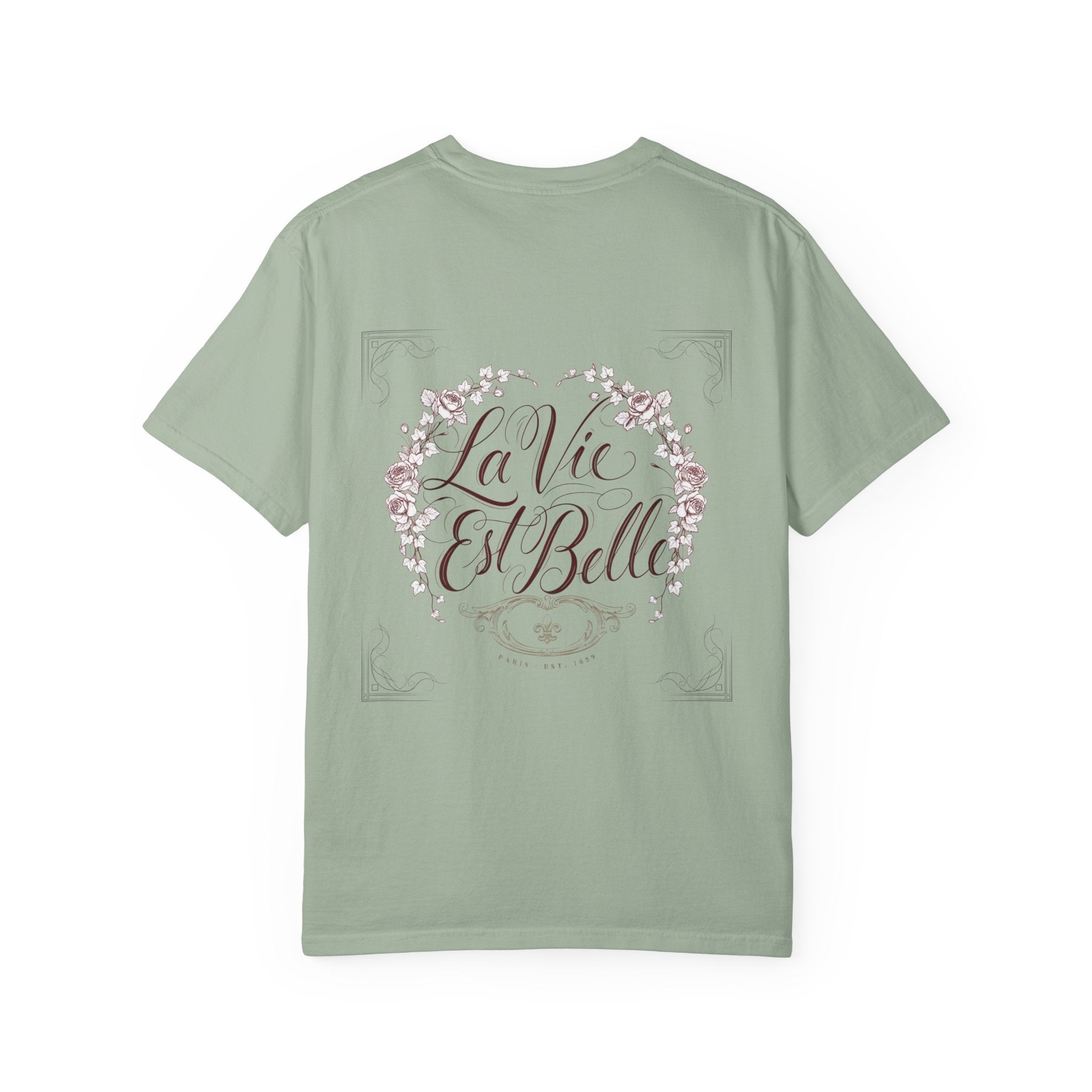 La Vie Est Belle Graphic T-Shirt — Feminine Portrait & Floral Back Print