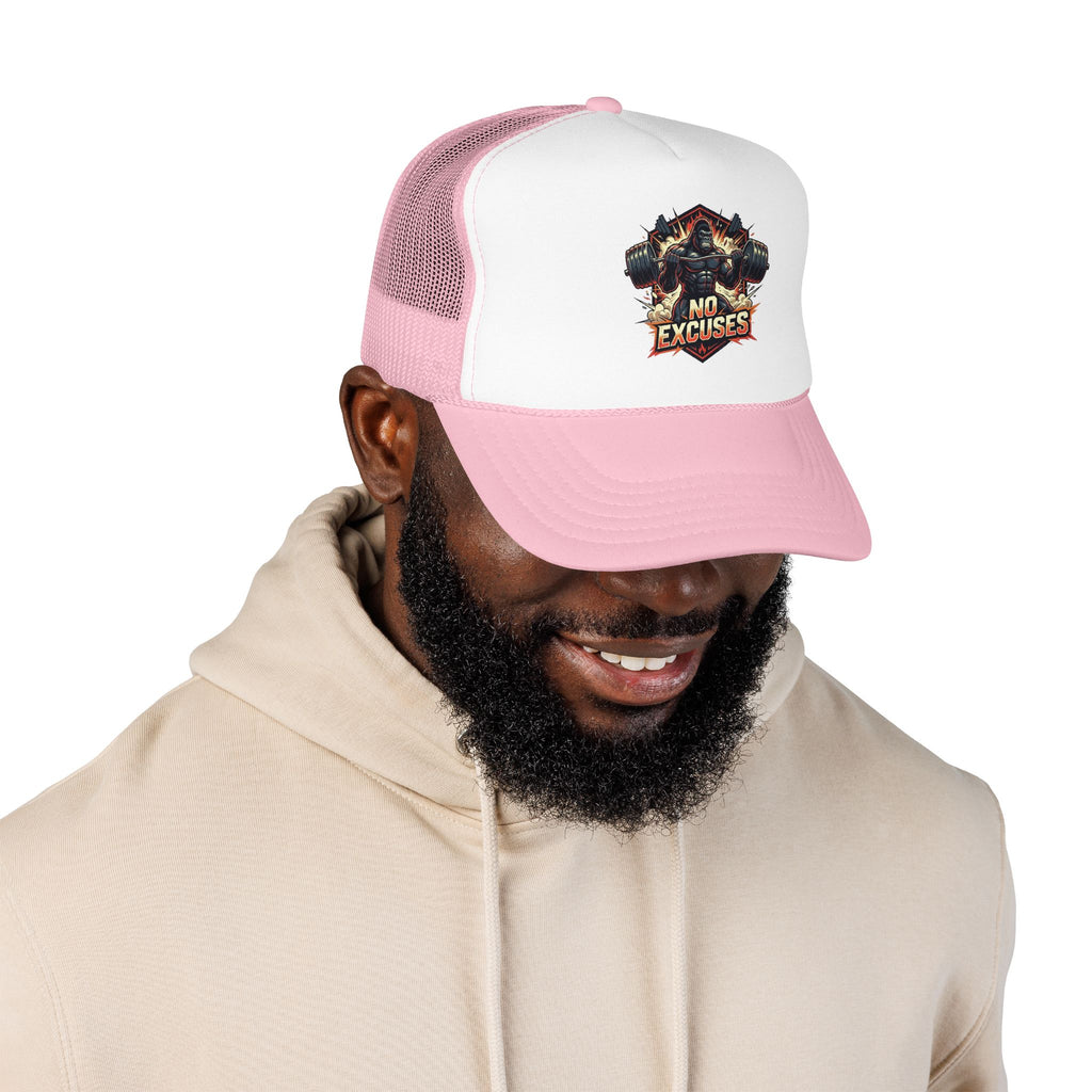 Trucker Hat — 'No Excuses' Gym Skull Design
