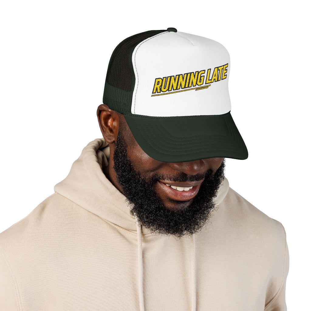 Running Late Trucker Hat — Funny Retro Foam Mesh Cap