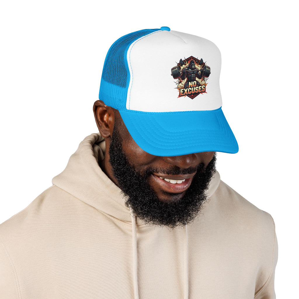 Trucker Hat — 'No Excuses' Gym Skull Design