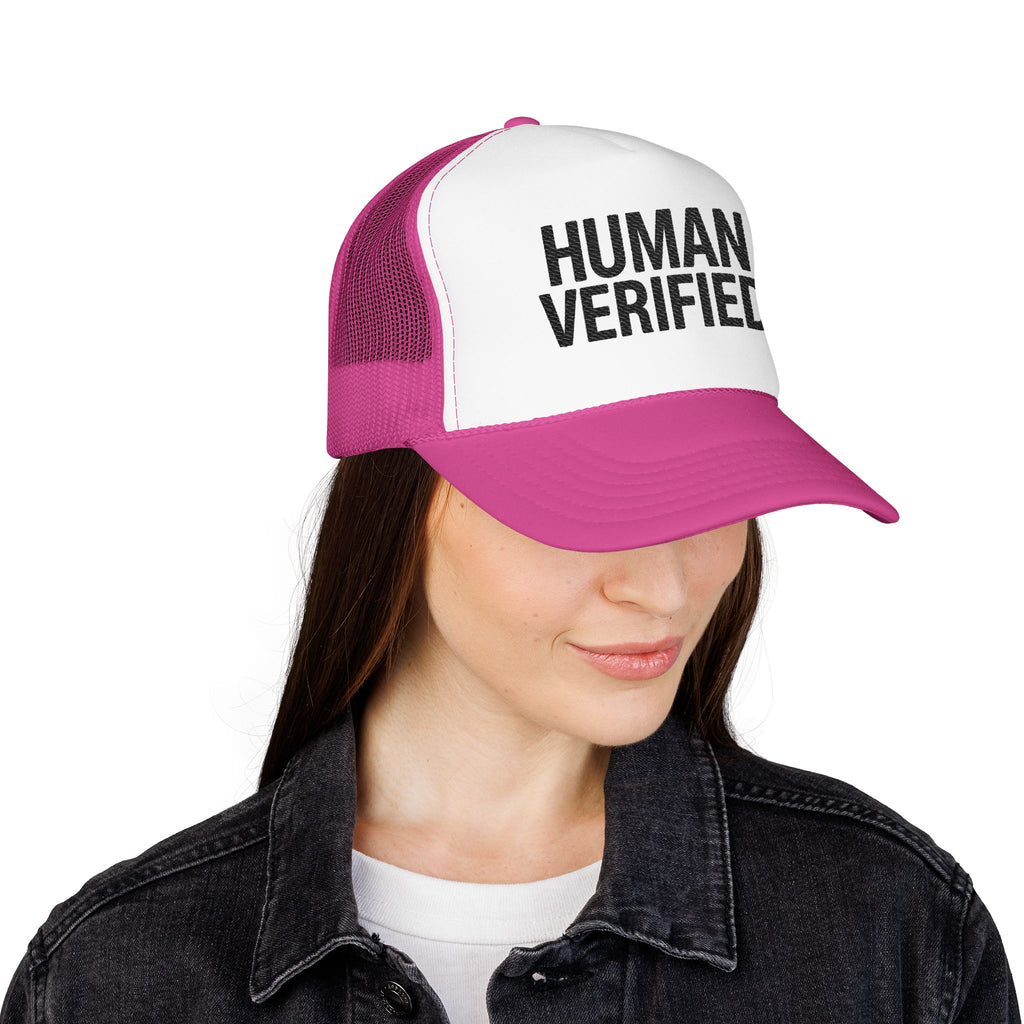 Human Verified Trucker Hat — Distressed Black Mesh Foam Cap