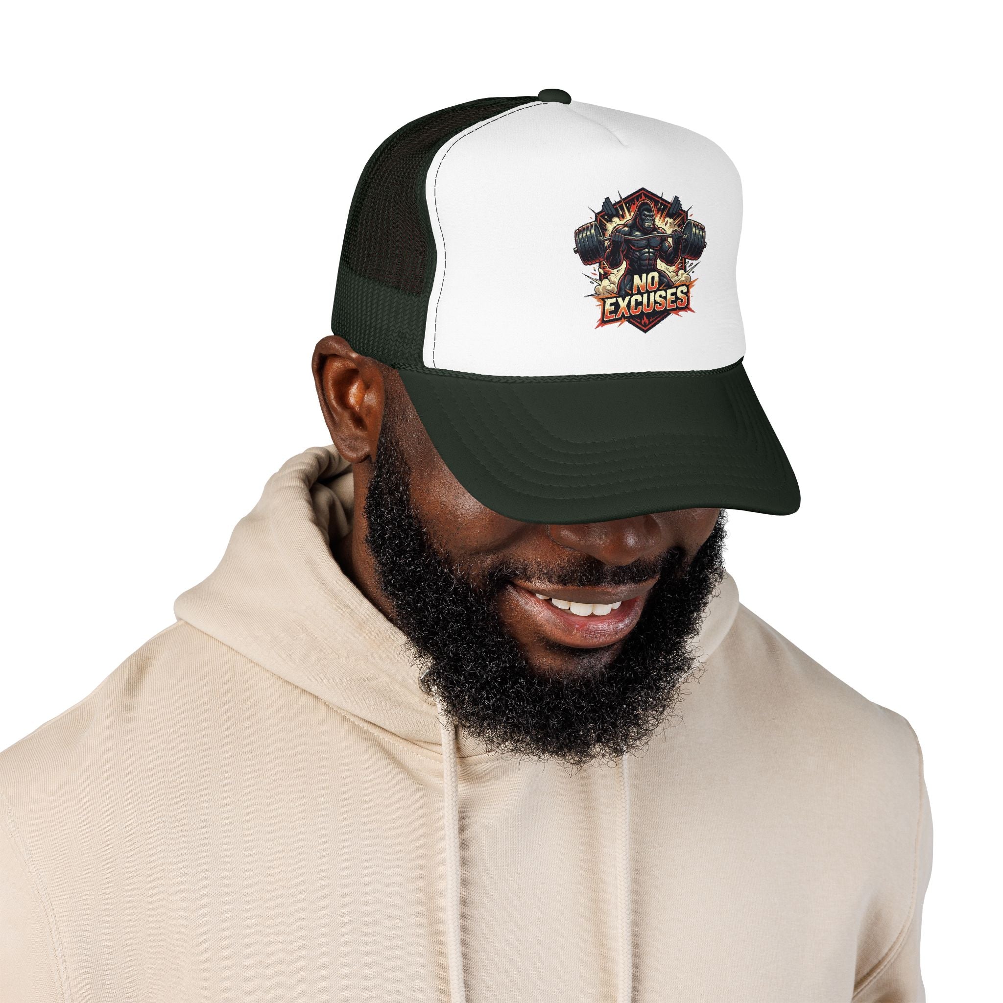 Trucker Hat — 'No Excuses' Gym Skull Design