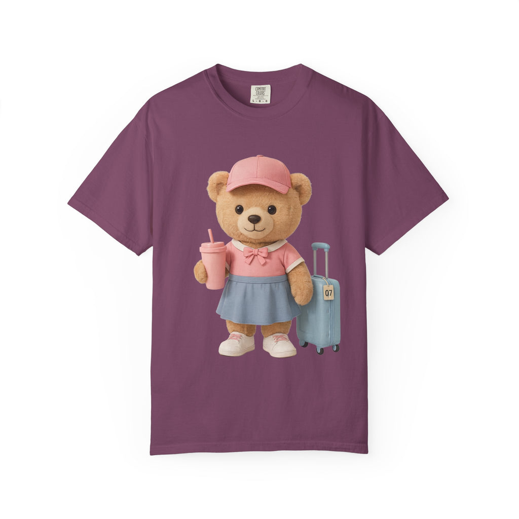 Teddy Traveler T‑Shirt — Cute Bear with Luggage & Cup Graphic