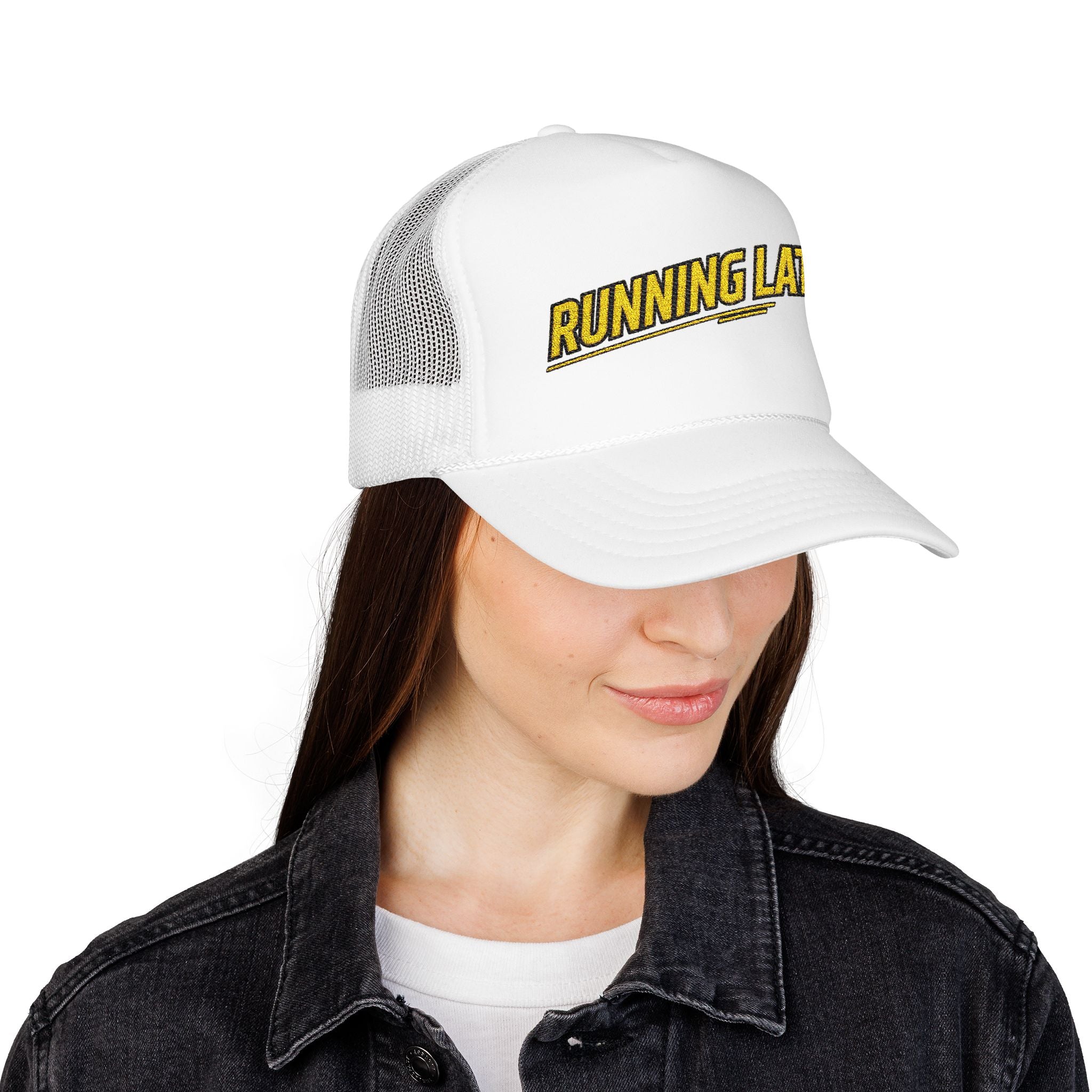 Running Late Trucker Hat — Funny Retro Foam Mesh Cap