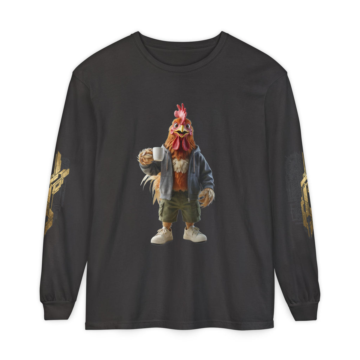Long Sleeve T‑Shirt — Rooster Mask Character Graphic with 'NOORVE' Back Logo