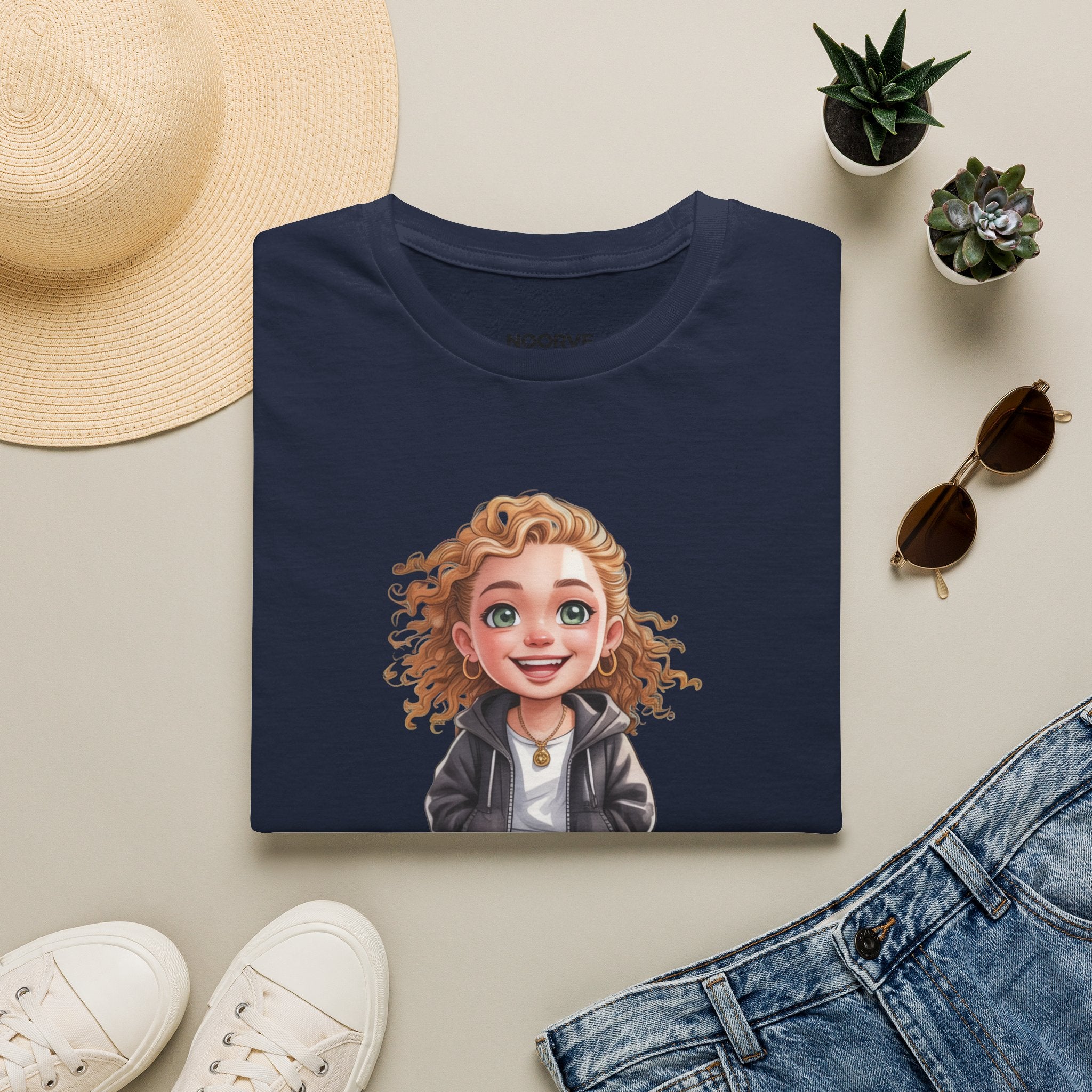 Cute Curly Girl Cartoon T-Shirt — Whimsical Character Tee