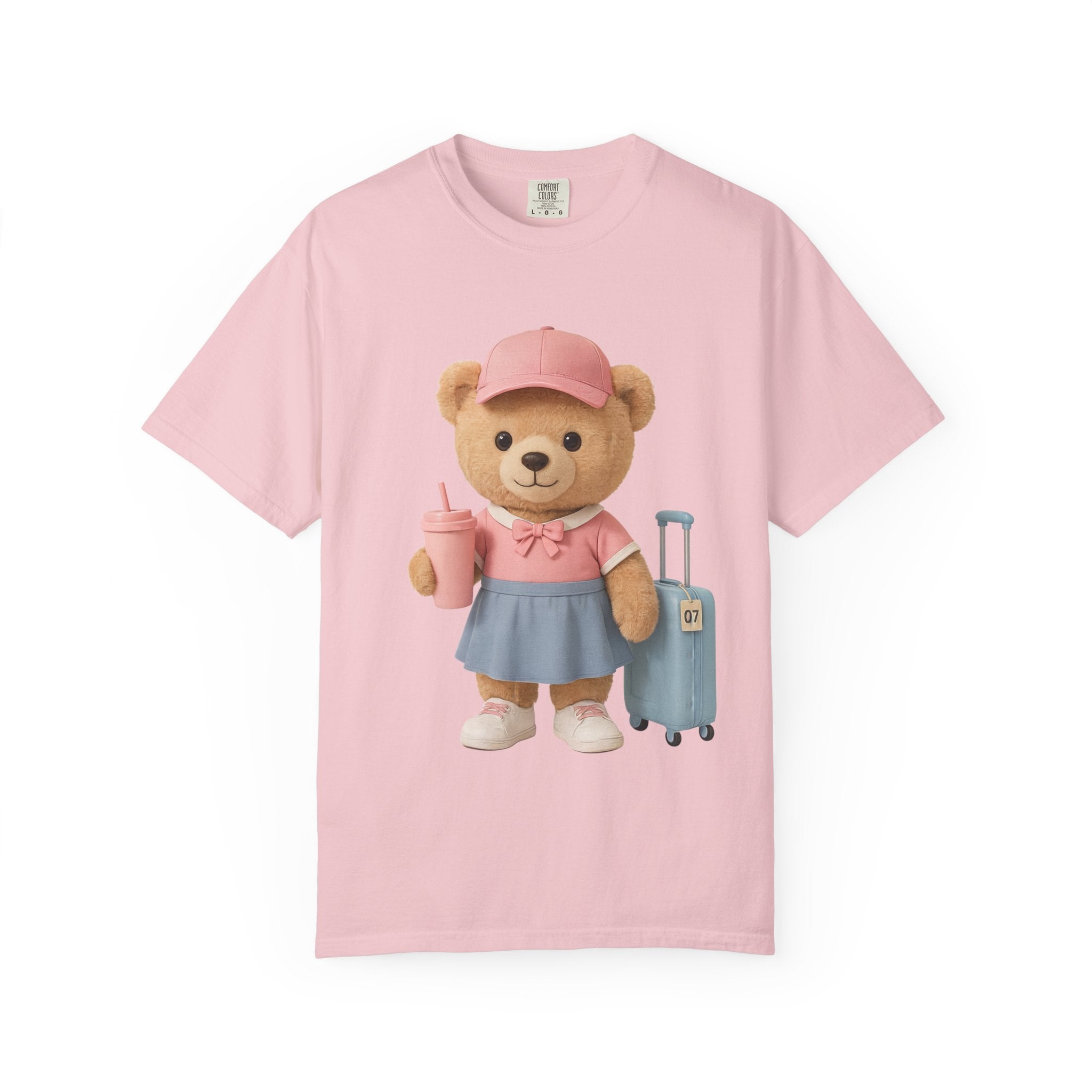 Teddy Traveler T‑Shirt — Cute Bear with Luggage & Cup Graphic