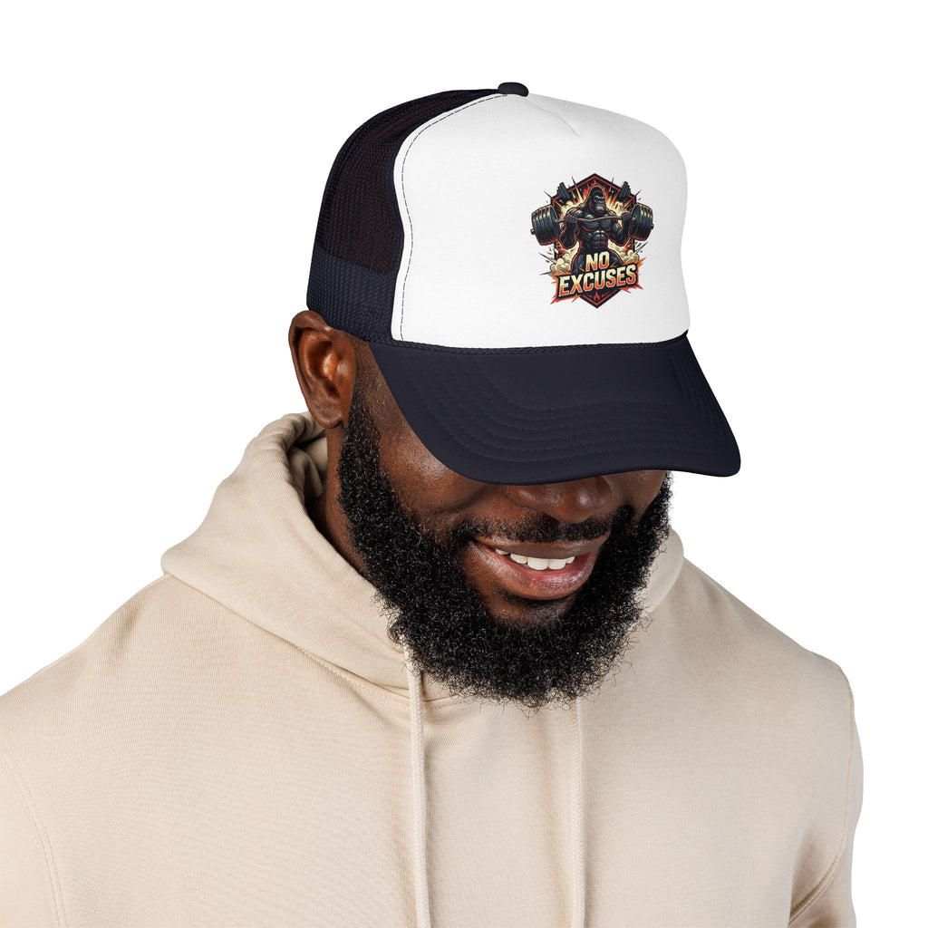 Trucker Hat — 'No Excuses' Gym Skull Design
