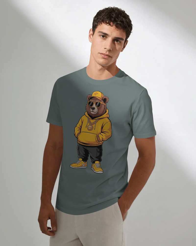 Bear Graphic T-Shirt — Cool Hip-Hop Bear in Yellow Hoodie | Noorve | T-Shirt