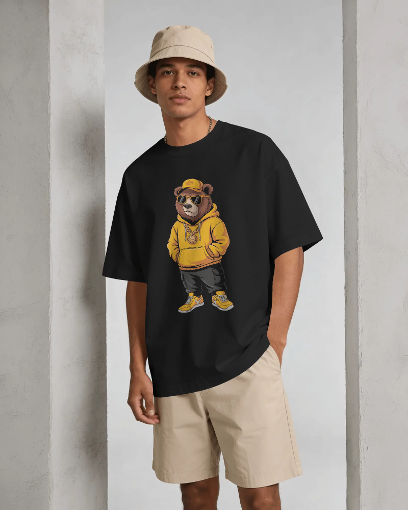 Bear Graphic T-Shirt — Cool Hip-Hop Bear in Yellow Hoodie