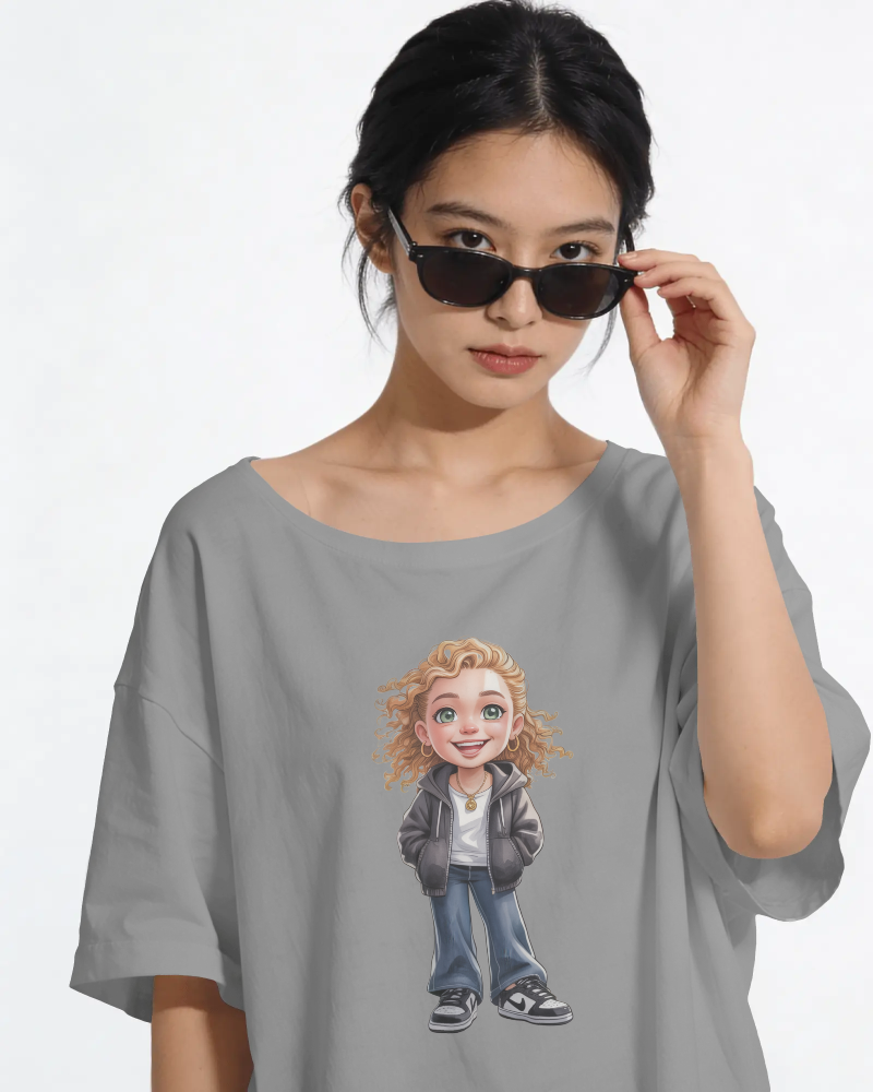 Cute Curly Girl Cartoon T-Shirt — Whimsical Character Tee | Noorve | T-Shirt
