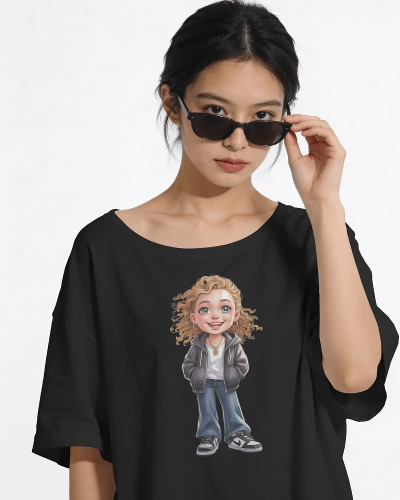 Cute Curly Girl Cartoon T-Shirt — Whimsical Character Tee | Noorve | T-Shirt