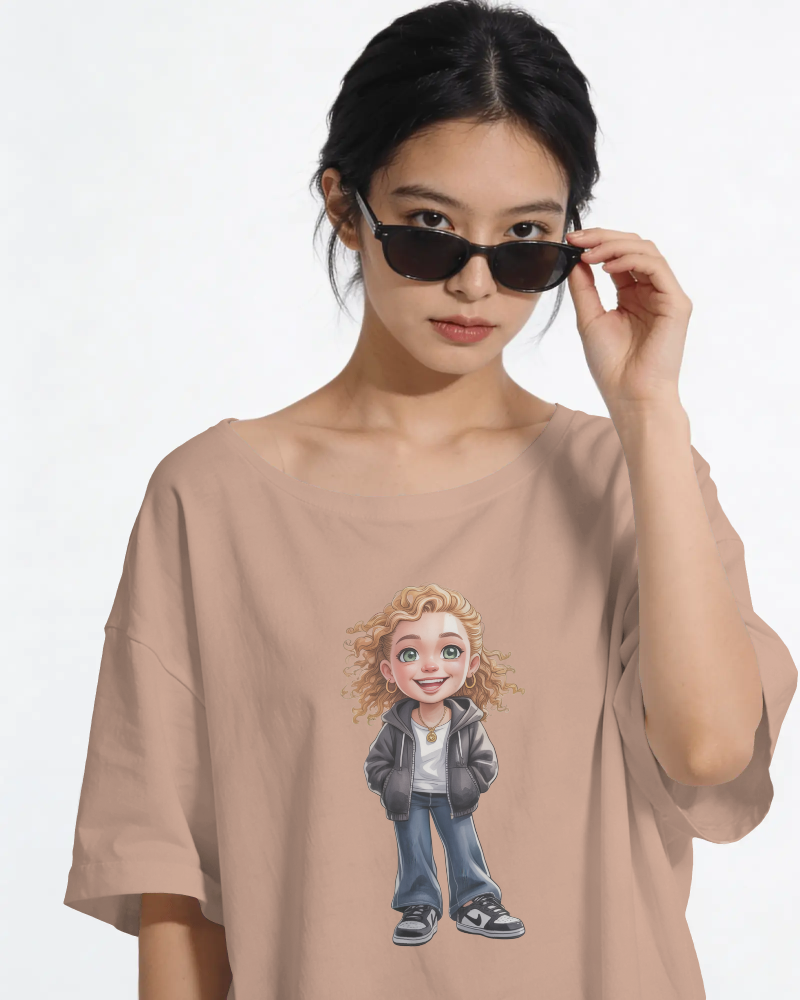 Cute Curly Girl Cartoon T-Shirt — Whimsical Character Tee | Noorve | T-Shirt