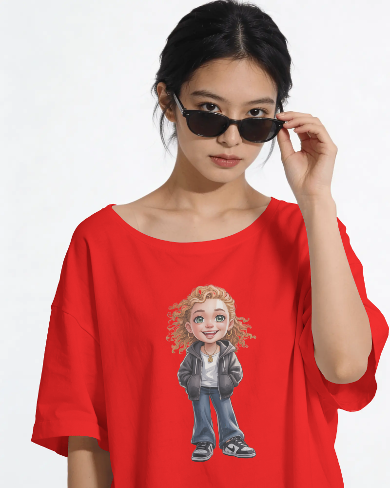 Cute Curly Girl Cartoon T-Shirt — Whimsical Character Tee