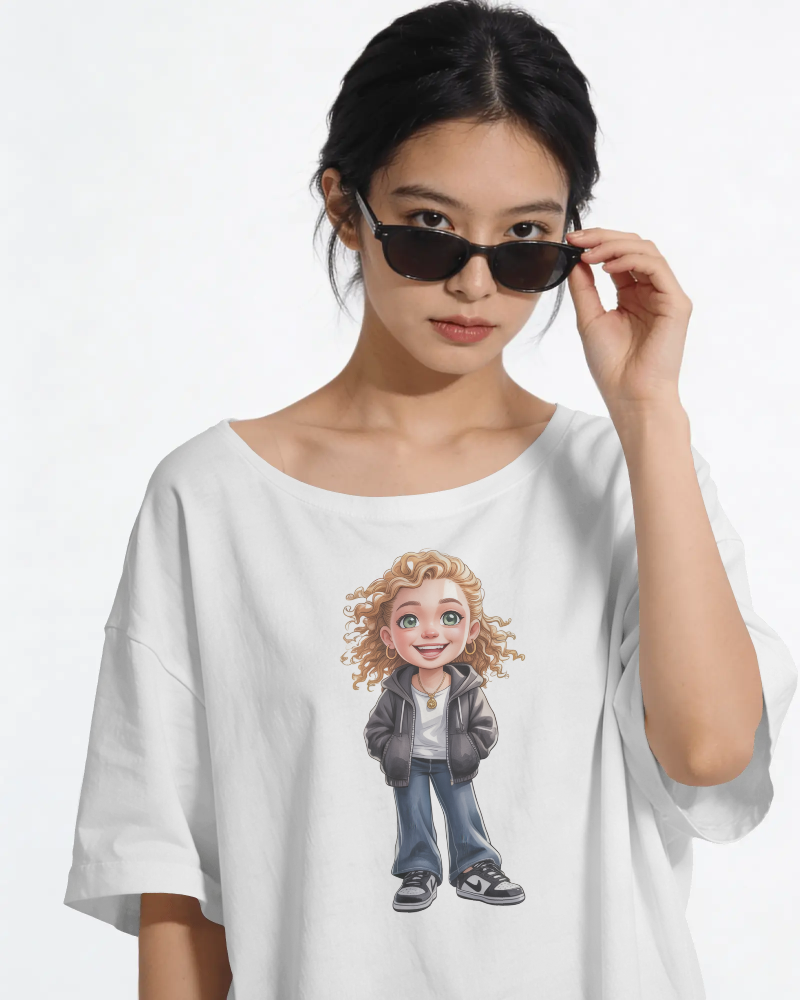 Cute Curly Girl Cartoon T-Shirt — Whimsical Character Tee | Noorve | T-Shirt