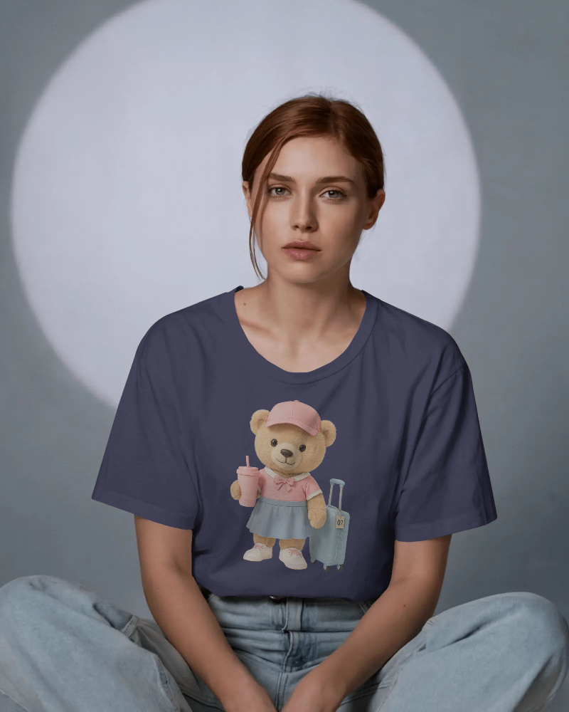 Teddy Traveler T-Shirt — Cute Bear with Luggage & Cup Graphic | Noorve | T-Shirt