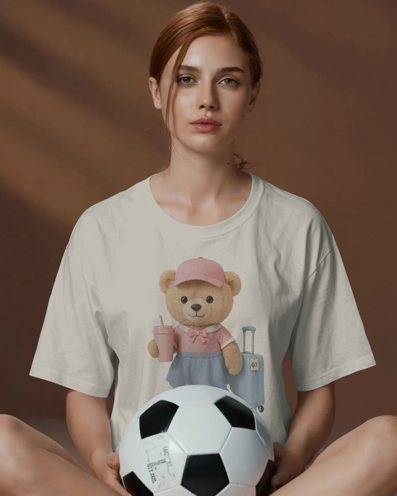 Teddy Traveler T-Shirt — Cute Bear with Luggage & Cup Graphic | Noorve | T-Shirt